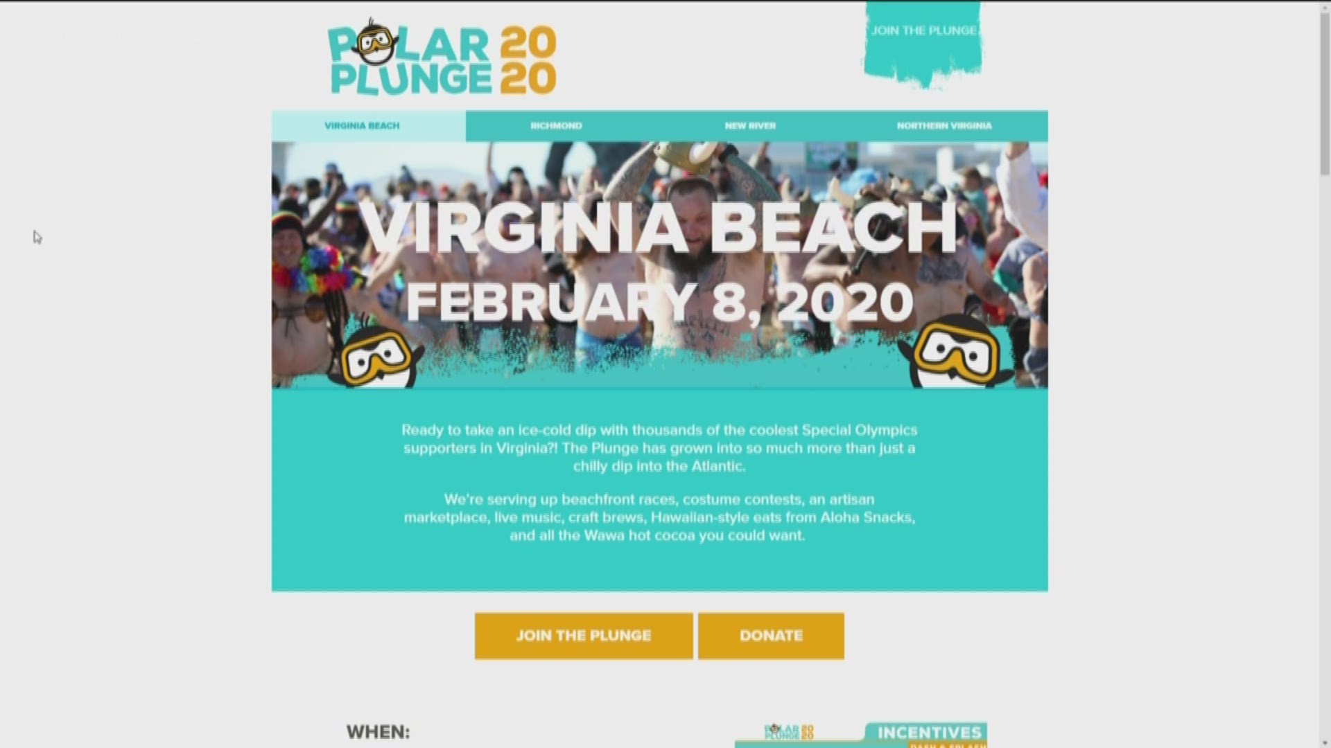 About 3,000 people will be freezing for a reason in Virginia Beach on Feb. 8. The Polar Plunge benefits the Virginia Special Olympics.