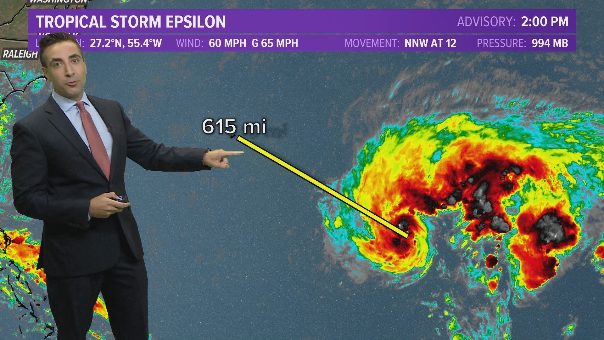 13News Now Meteorologist Tim Pandajis has the latest on Tropical Storm Epsilon in the central Atlantic.