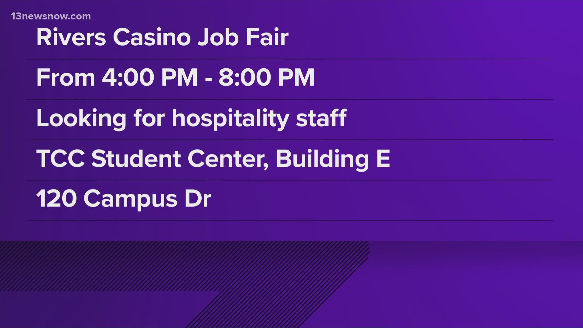 The casino needs to hire food servers, bar tenders, cooks and more. The fair goes until 8 p.m.