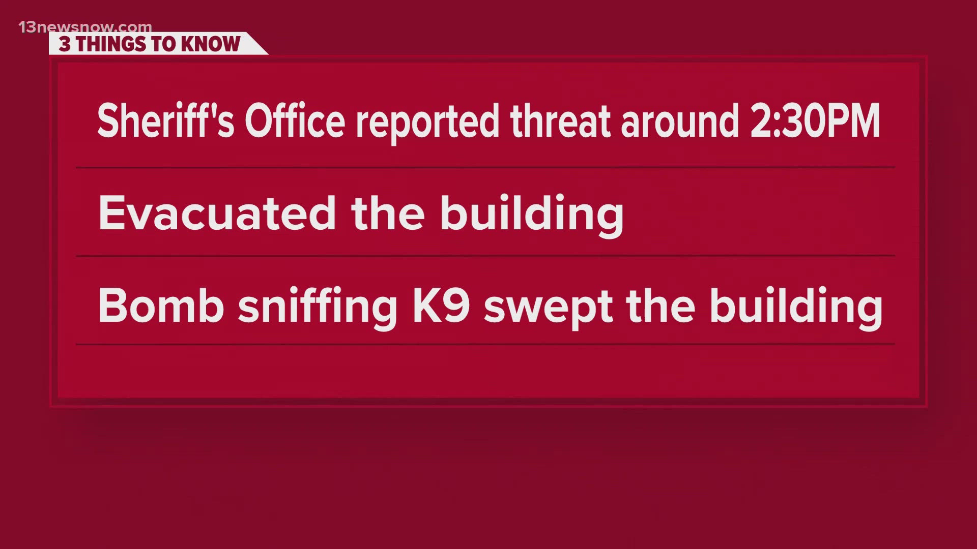 The Virginia Beach Sheriff's Office reported the Virginia Beach Courthouse at 2425 Nimmo Parkway was evacuated after receiving a bomb threat Tuesday afternoon.