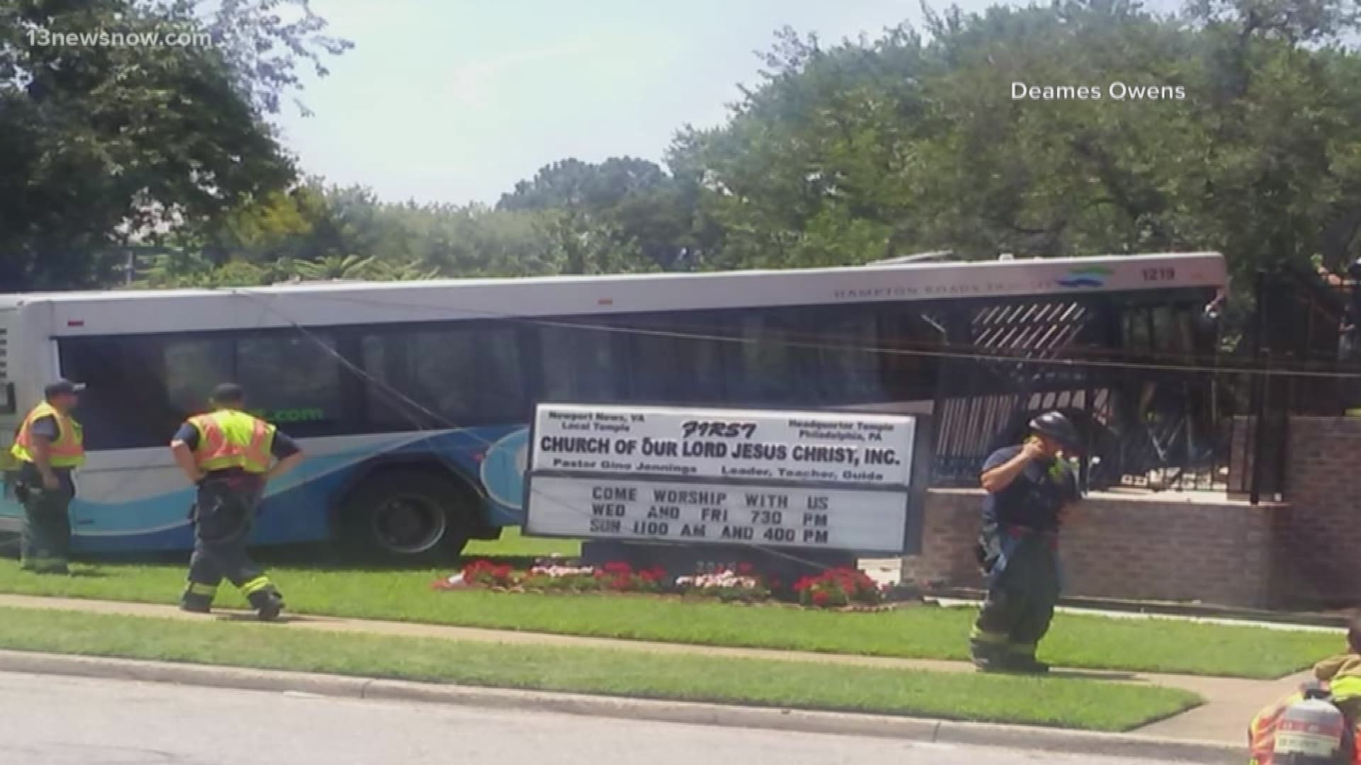 The bus driver told police another driver cut the bus off. The driver then lost control of the bus and crashed into the First Church of Our Lord Jesus Christ in Newport News.