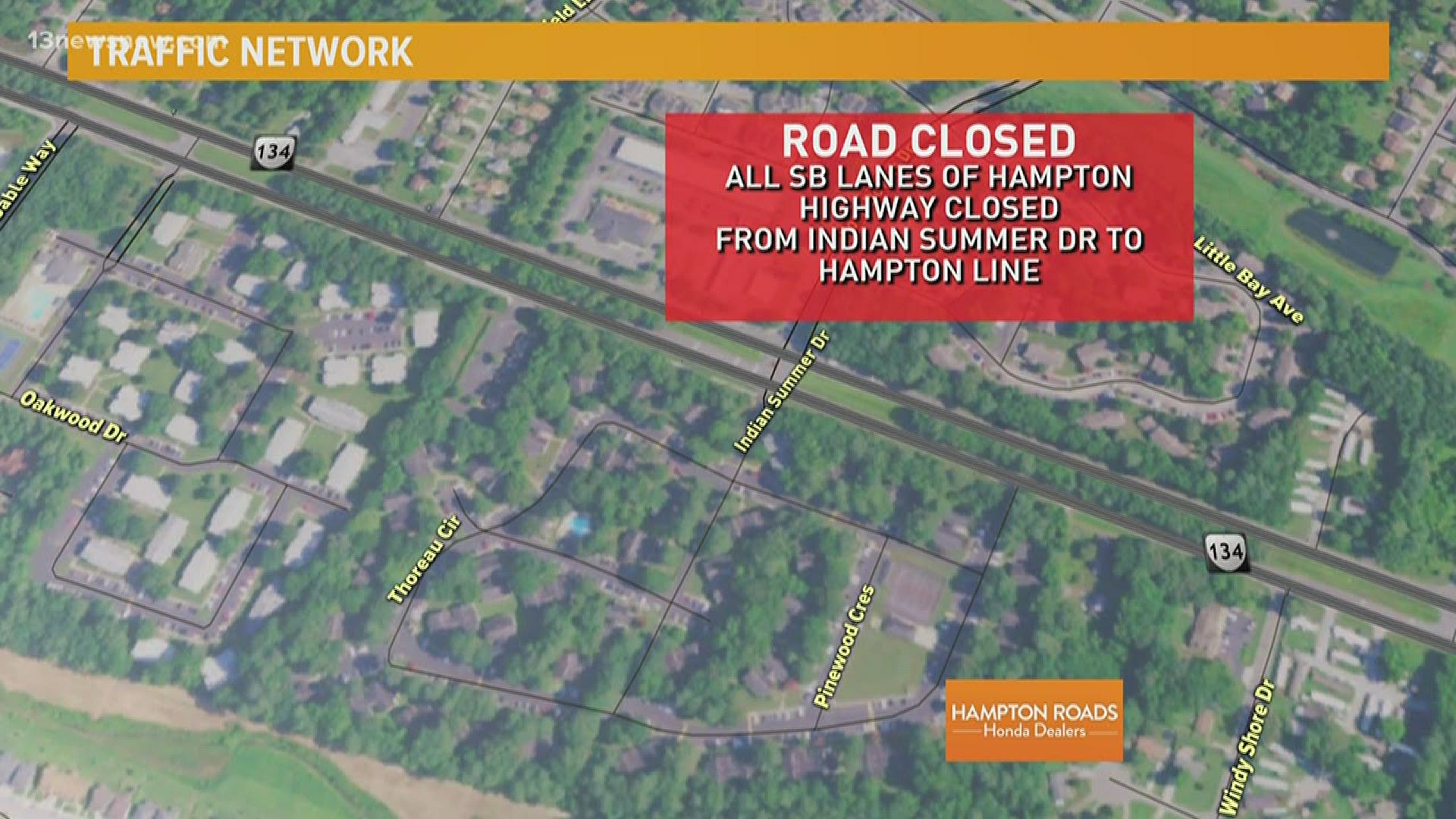 All southbound lanes of Hampton Highway are closed between Indian Summer Drive and the Hampton line.