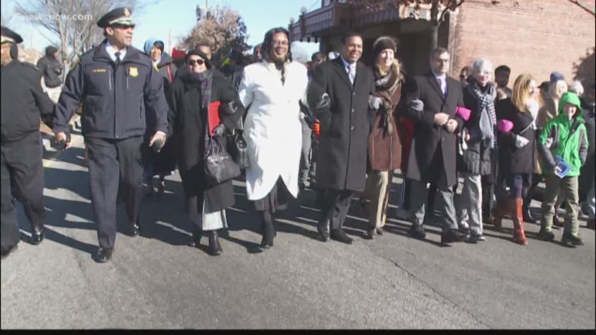 People in Norfolk remembered Dr. Martin Luther King, Jr. with a ceremony and singing while they marched to the memorial.