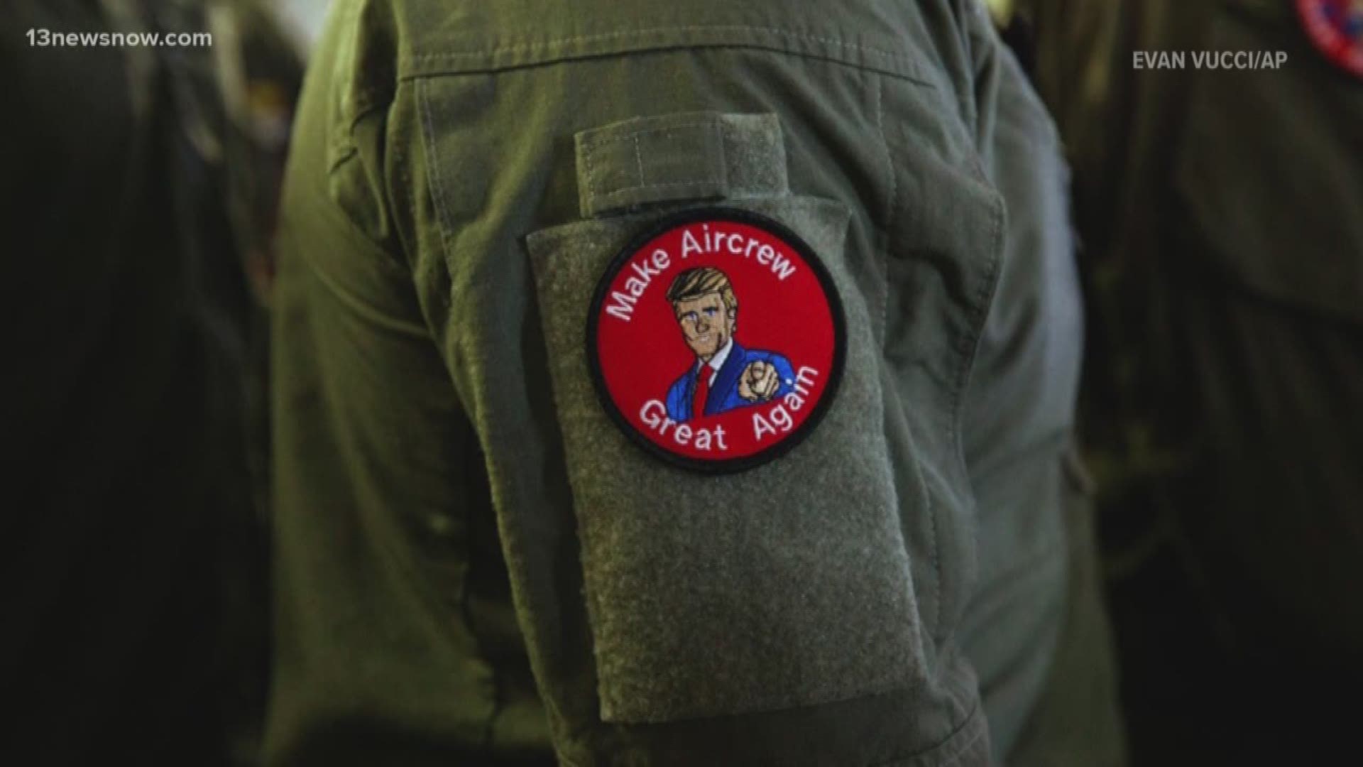 The phrase emblazoned on the patch, along with a likeness of Trump, is a play on his campaign slogan.