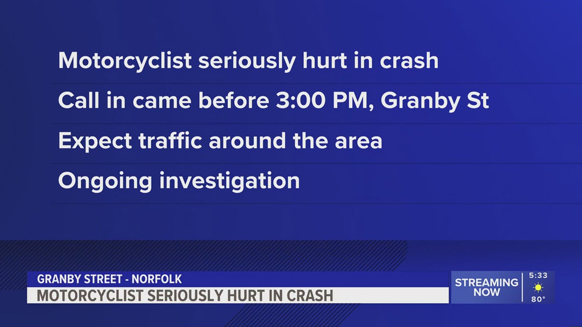 Motorcyclist seriously hurt in Granby Street crash Sunday | 13newsnow.com