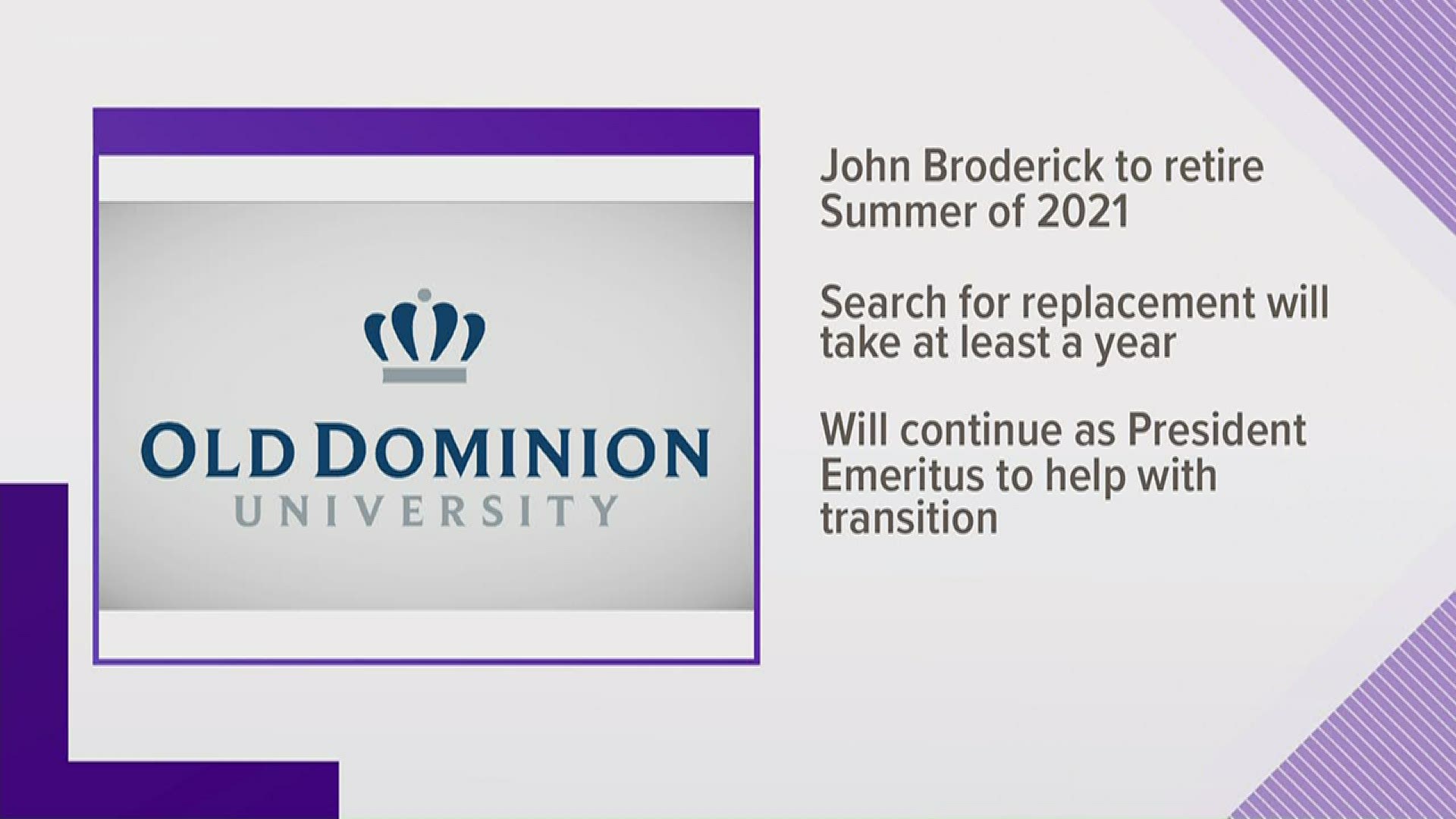 ODU President John Broderick will be retiring from his position in 2021. However, he still plans to take an active part in his successor's transition.