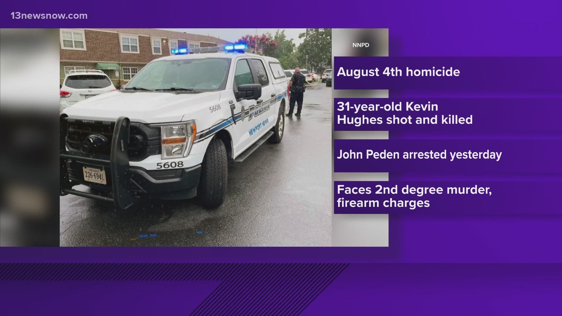 Police say John Peden is behind bars for allegedly shooting and killing 31-year-old Kevin Hughes in Newport News.
