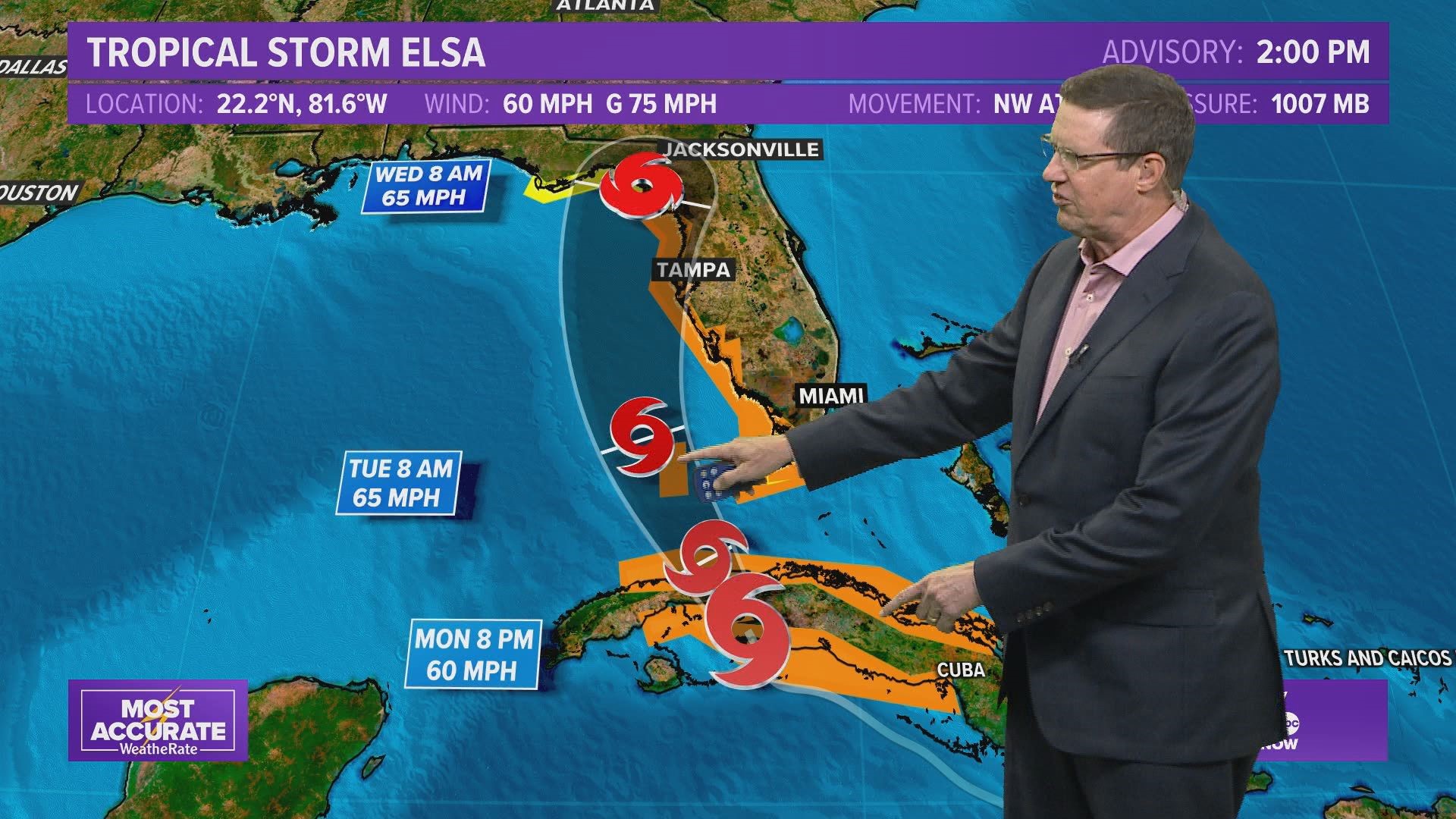 Tropical Storm Elsa is sweeping along Cuba’s southern coast, where it is making landfall on Monday afternoon.