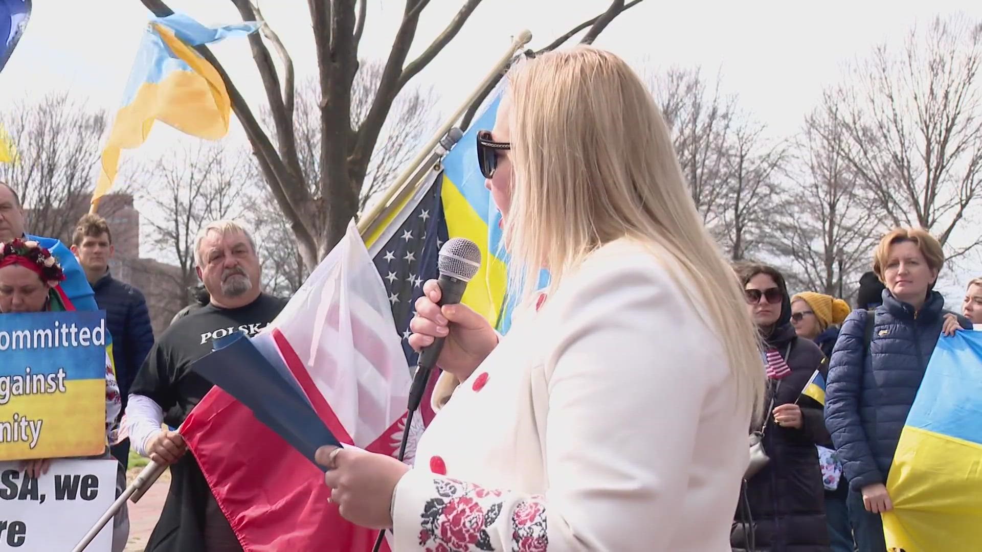 People displayed Ukraine's blue and yellow flag all over Town Point Park in Norfolk. The Tidewater Ukrainian Cultural Association gathered a large group for a rally.