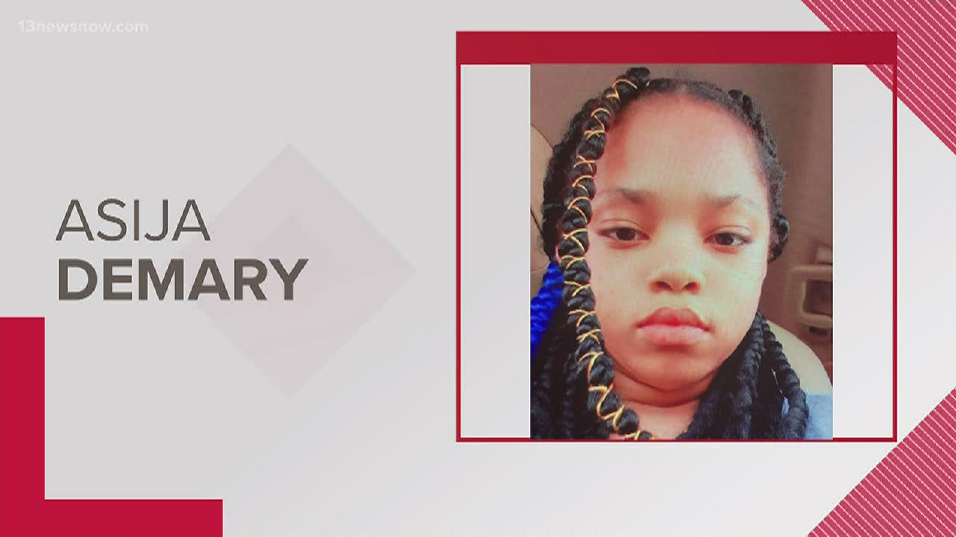 Asijah Demary, 12, went missing around 10 p.m. on May 18. She was last seen wearing a red striped sweater, blue jeans and brown boots.