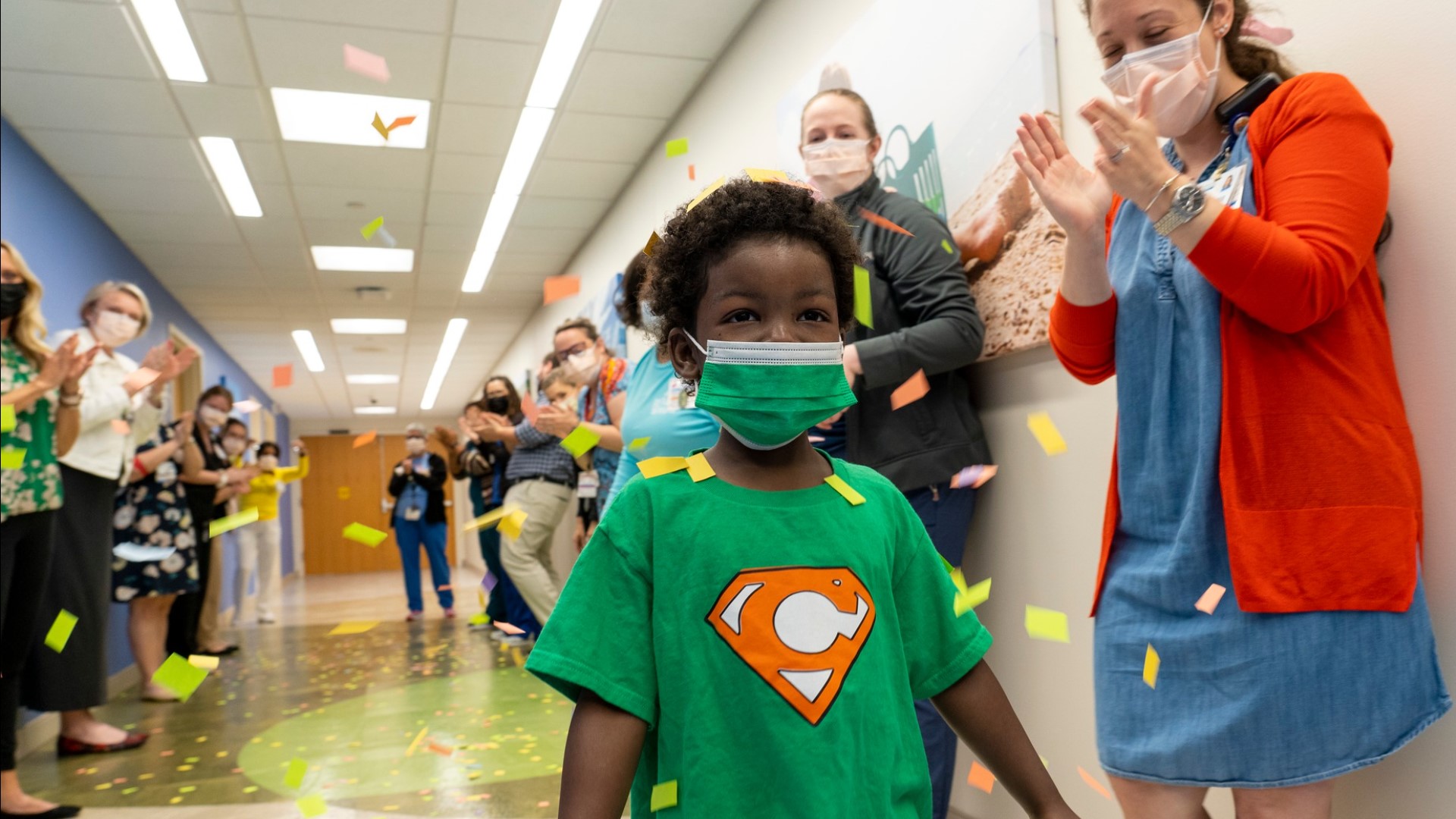 The Norfolk hospital shared pictures of Cayden Addison walking down the hallway while the staff cheered him on during a big celebration.