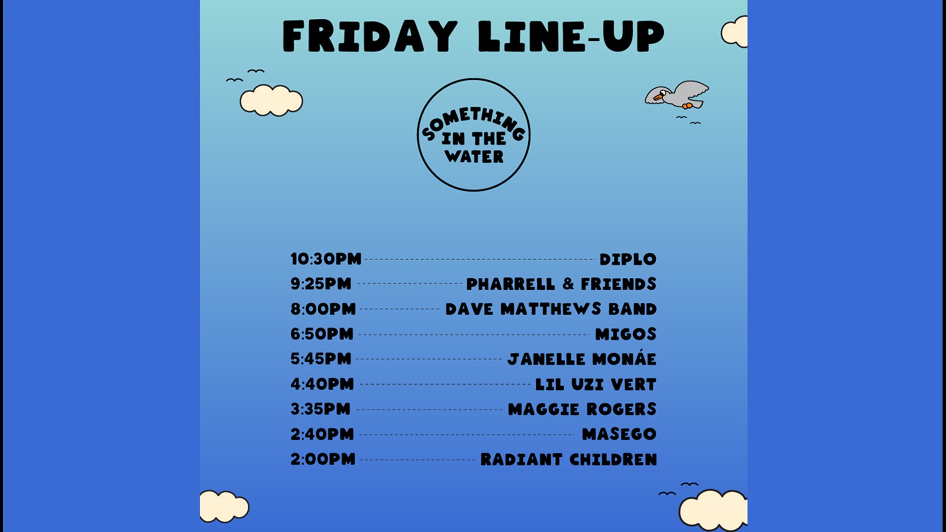 Set times, activity schedule for Something in the Water festival