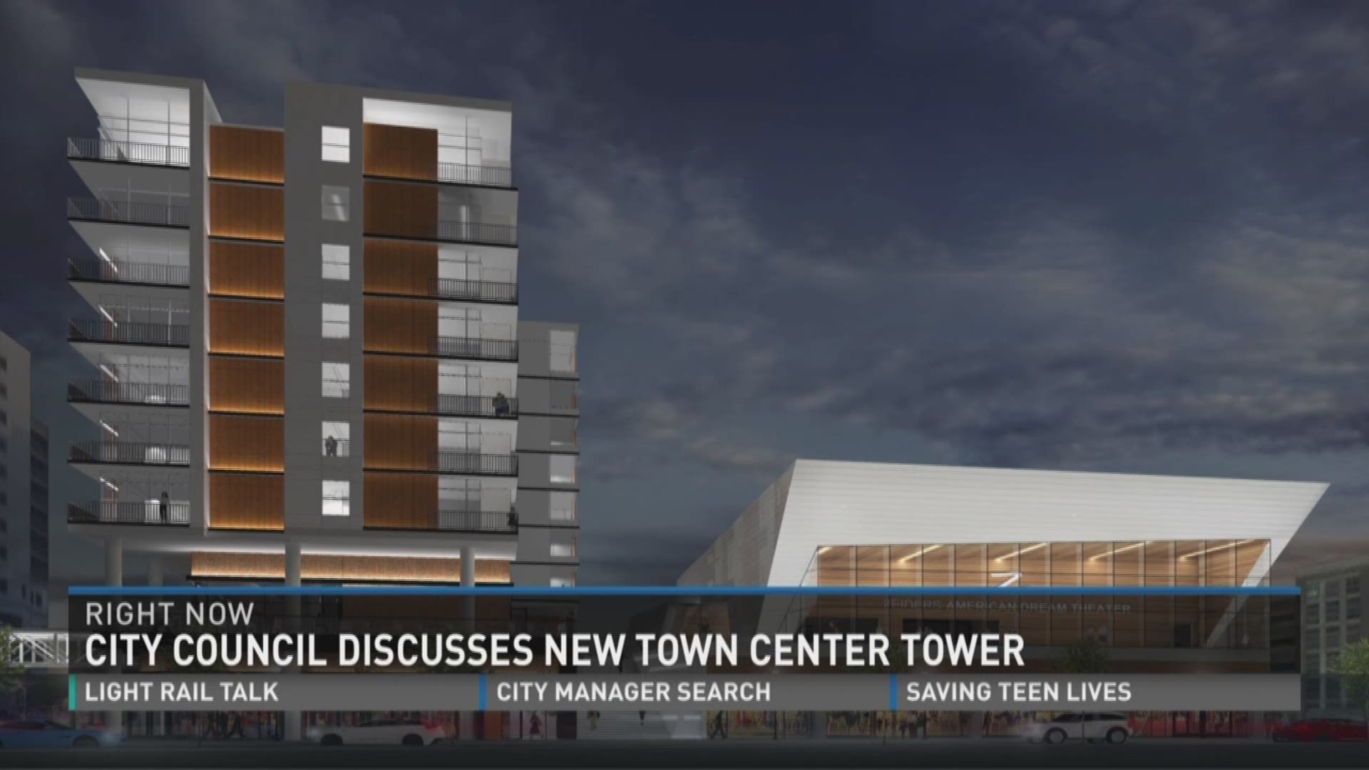 The tower would be 9 stories and include residences, retail space and a 300 seat theater.