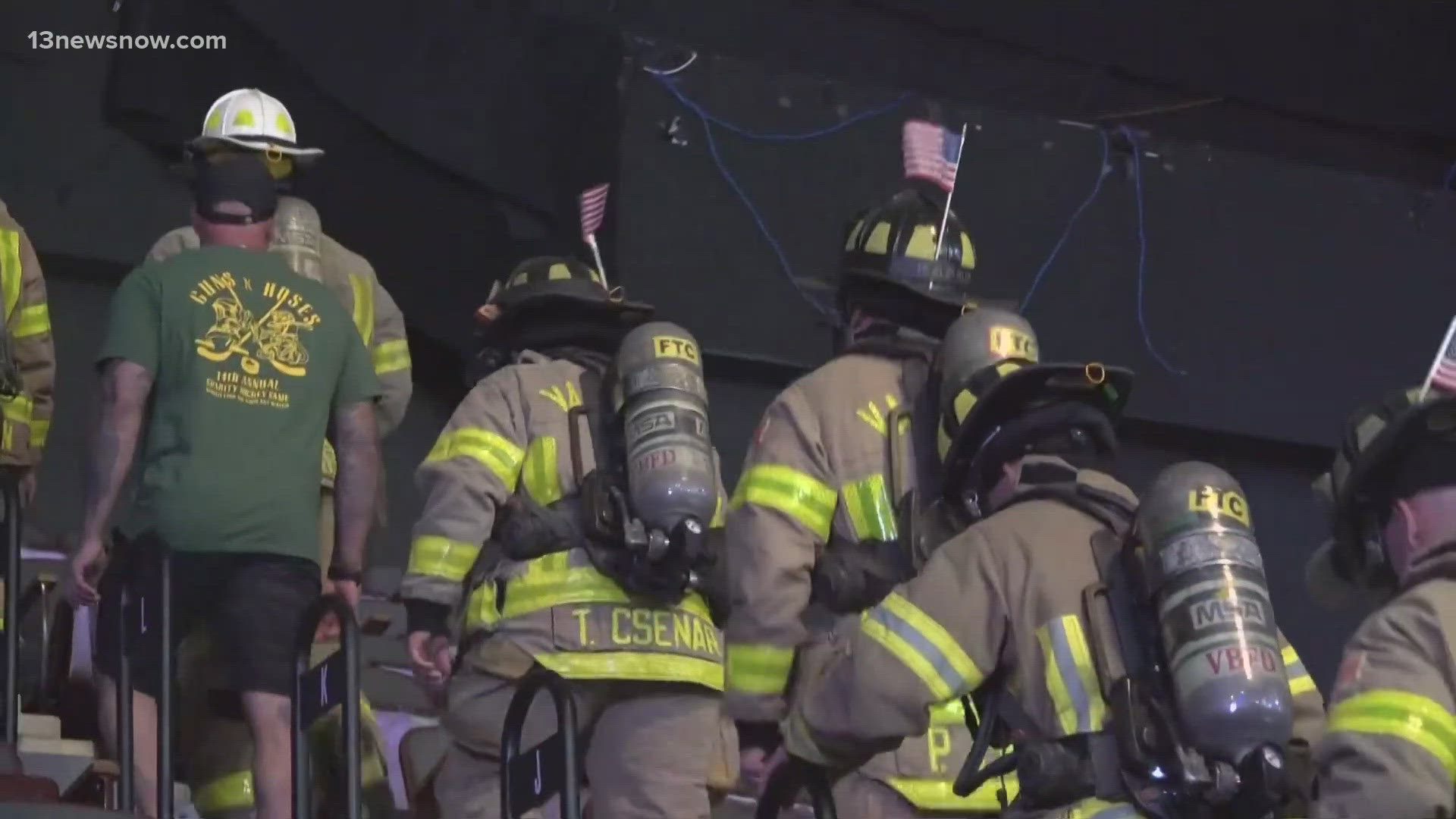 Dozens of firemen, activists, and community members climbed stairs at the Norfolk Scope to remember first responders at the Twin Towers.