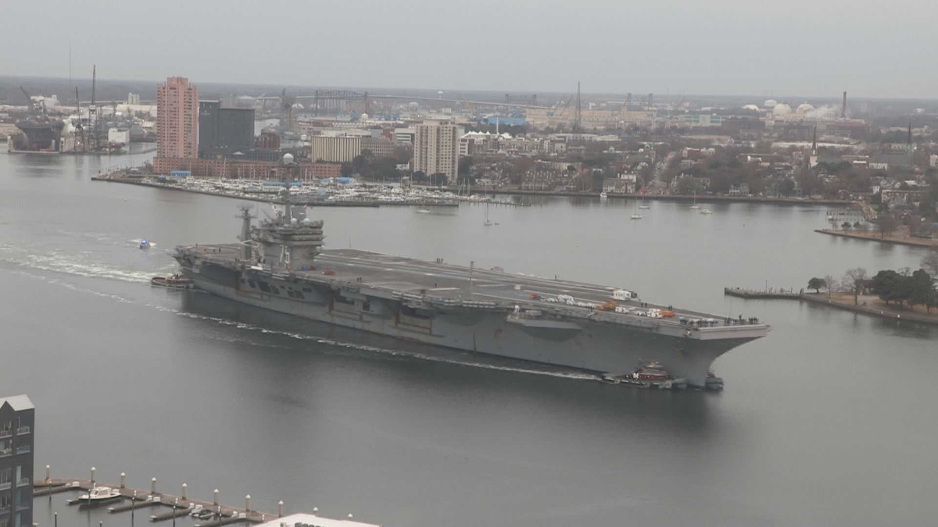 USS Harry S. Truman (CVN 75) transits the Elizabeth River on Dec. 17, 2023, going from Norfolk Naval Shipyard in Portsmouth to Naval Station Norfolk.
