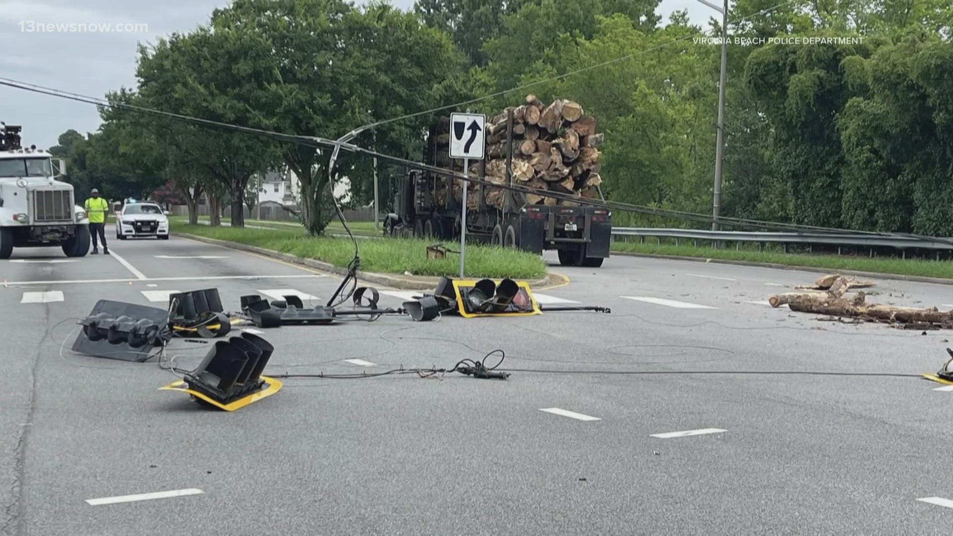 A road closure is in place on Lynnhaven Parkway in Virginia Beach after a crash downed power lines.