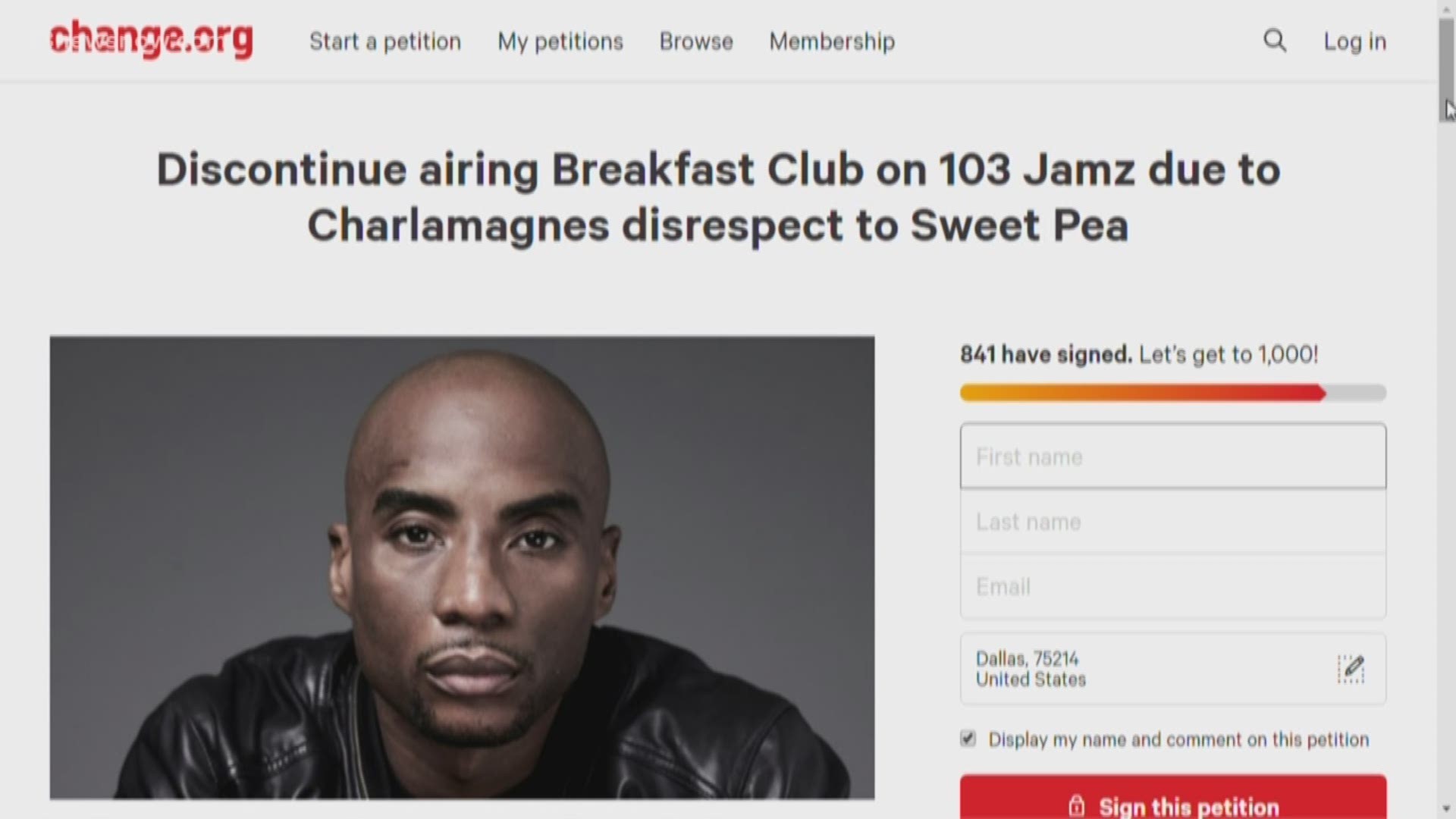A local group is petitioning against notable radio show 'The Breakfast Club' to protest a comment that was made by Charlamagne tha God about the death of boxing champ Pernell "Sweet Pea" Whitaker.