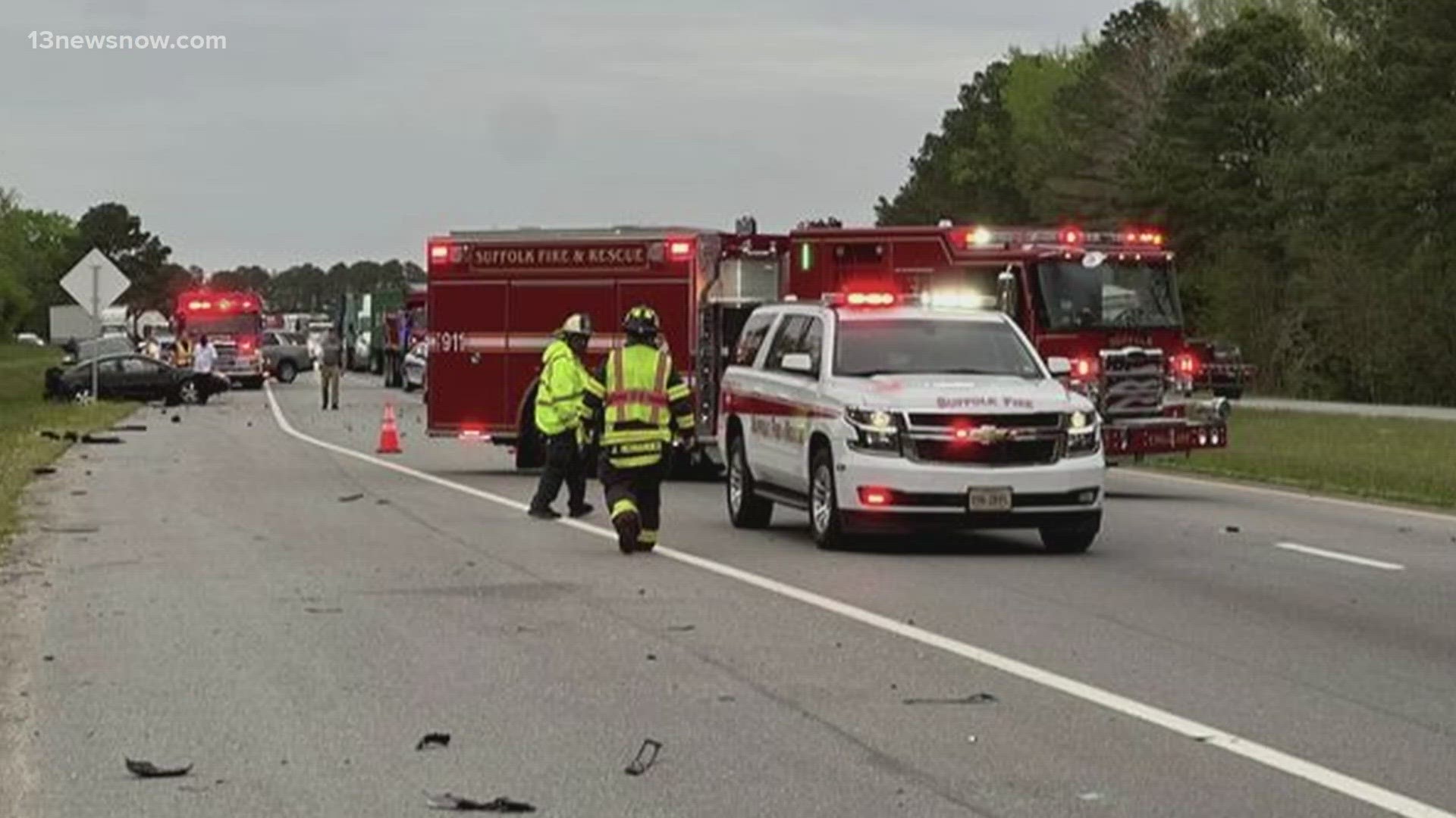The crash happened on Highway 58 near the exit for Pitchkettle Road, according to Suffolk Fire-Rescue.