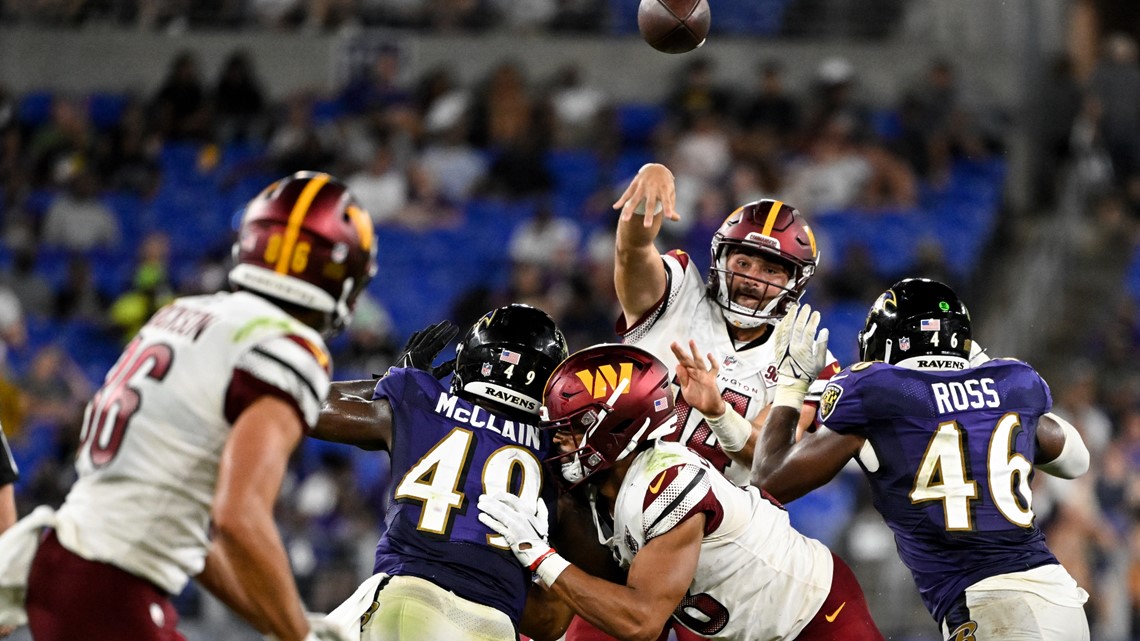 Baltimore Ravens quarterback Anthony Brown throws a pass during the second  half of an NFL preseason football game between the Washington Commanders  and the Baltimore Ravens, Monday, Aug. 21, 2023, in Landover