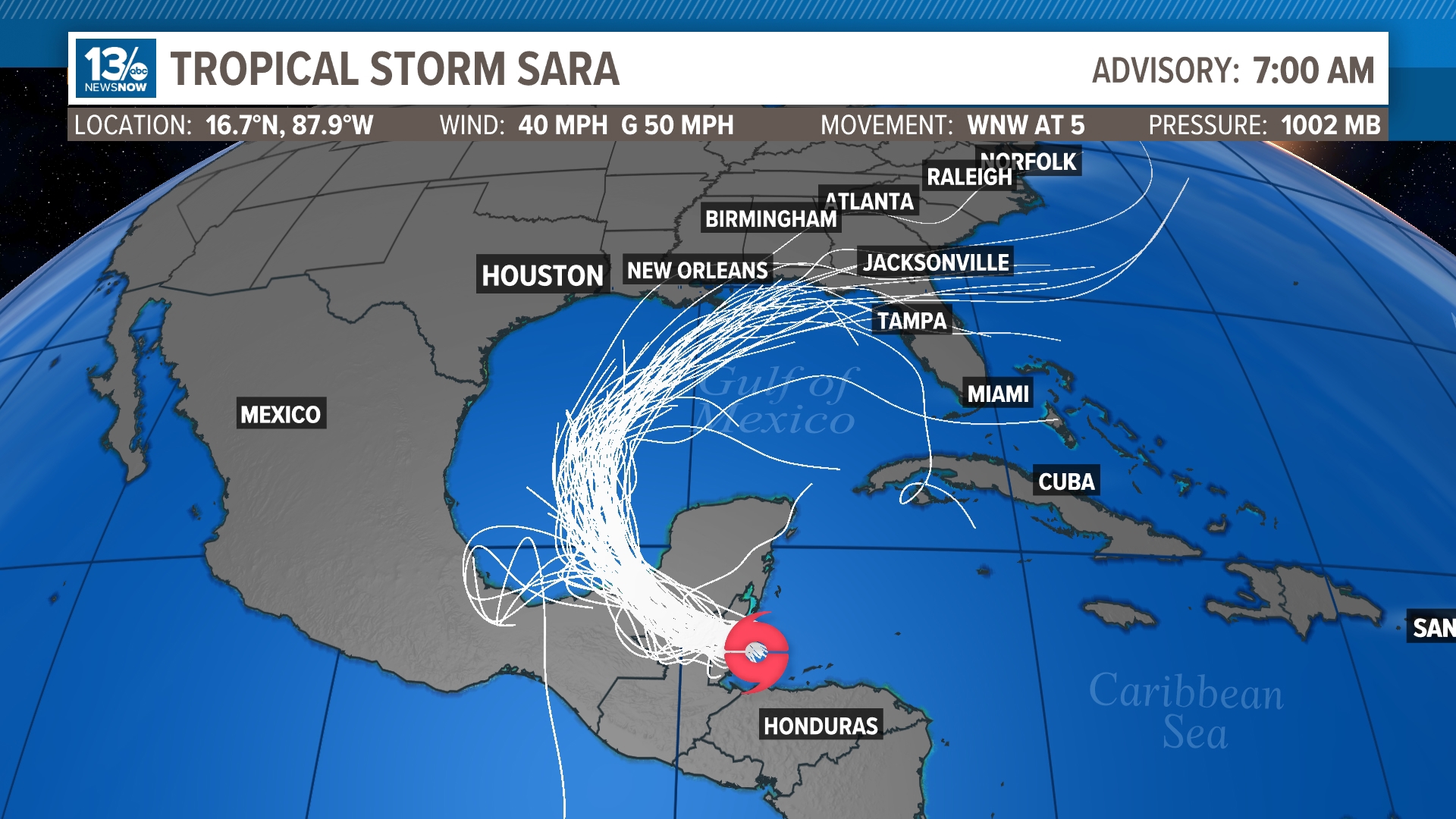 Tropical Storm Sara formed from Tropical Depression Nineteen earlier Thursday. The system is expected to make landfall in Belize on Sunday and fizzle out over land.