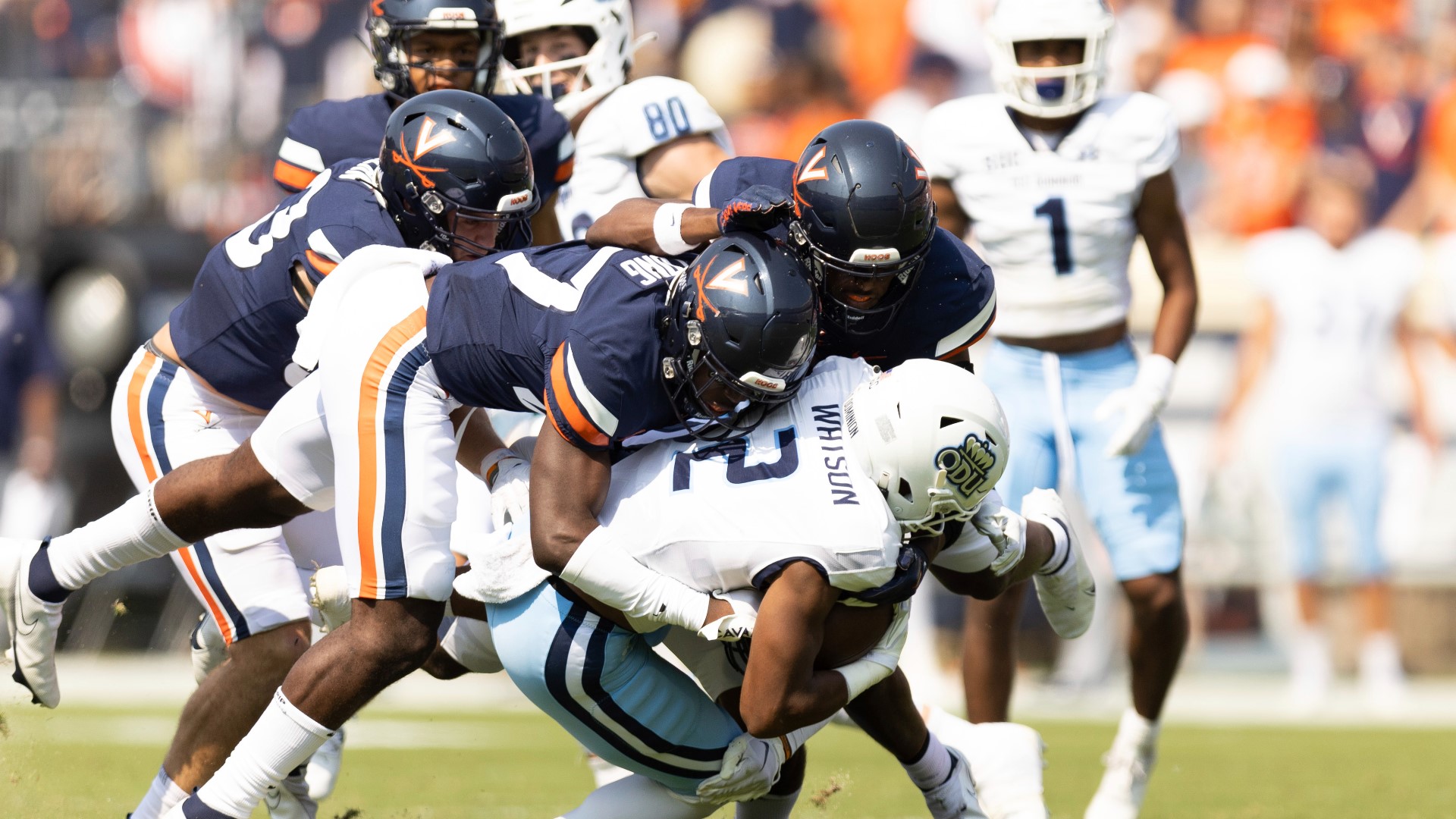 The Cavaliers outgained Old Dominion 513-324, but twice fumbled the ball away inside the Monarchs' 5 yard-line, and another time to set up ODU's first points.