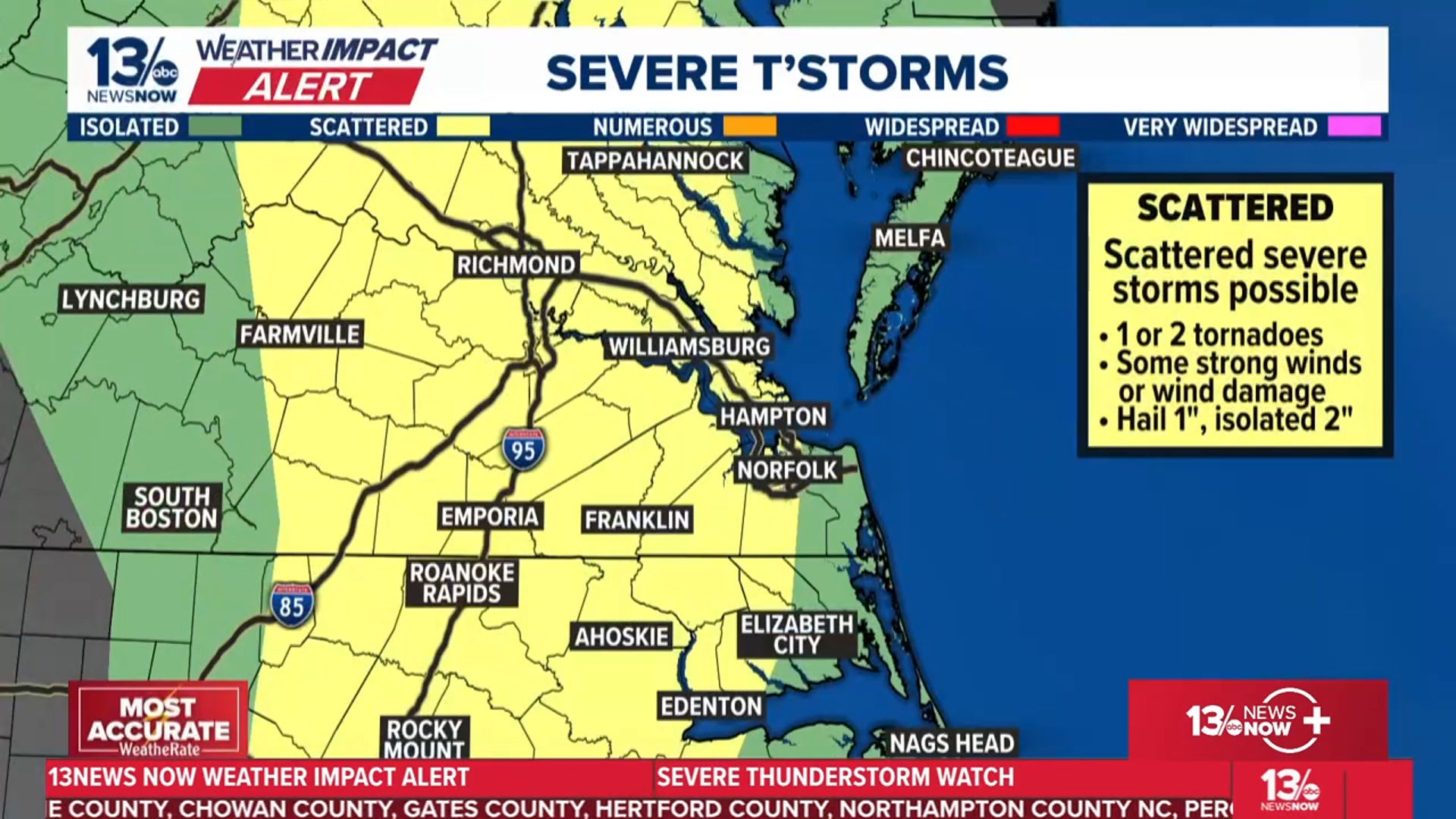 Thunderstorms threaten Virginia and North Carolina on Monday, with peak activity expected late afternoon. Main threats are winds up to 65 mph and hail.