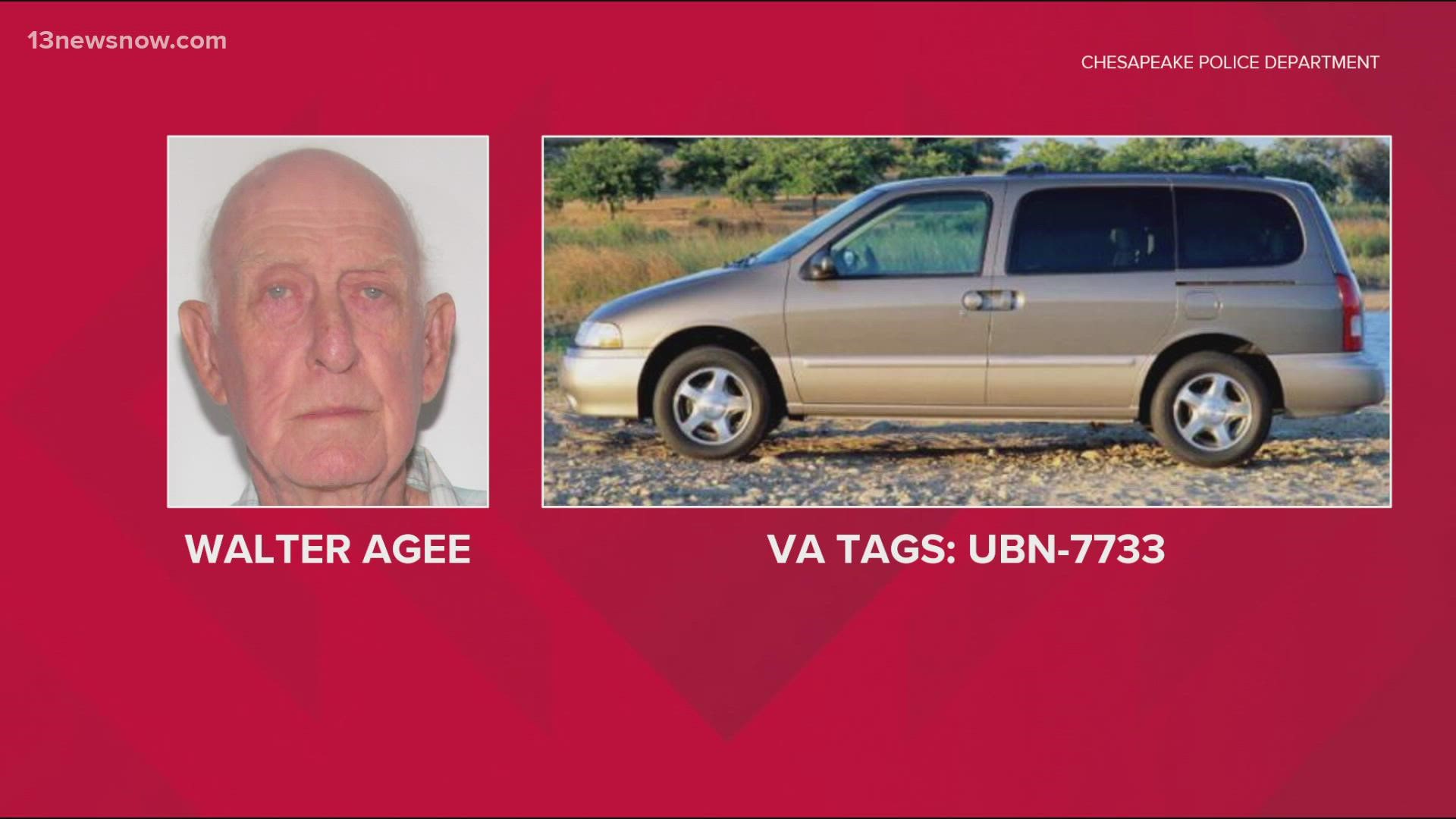 Walter Agee last was seen leaving his home on April 6 driving a gold 2002 Nissan Quest. Officers believe he was driving toward Battlefield Boulevard North.