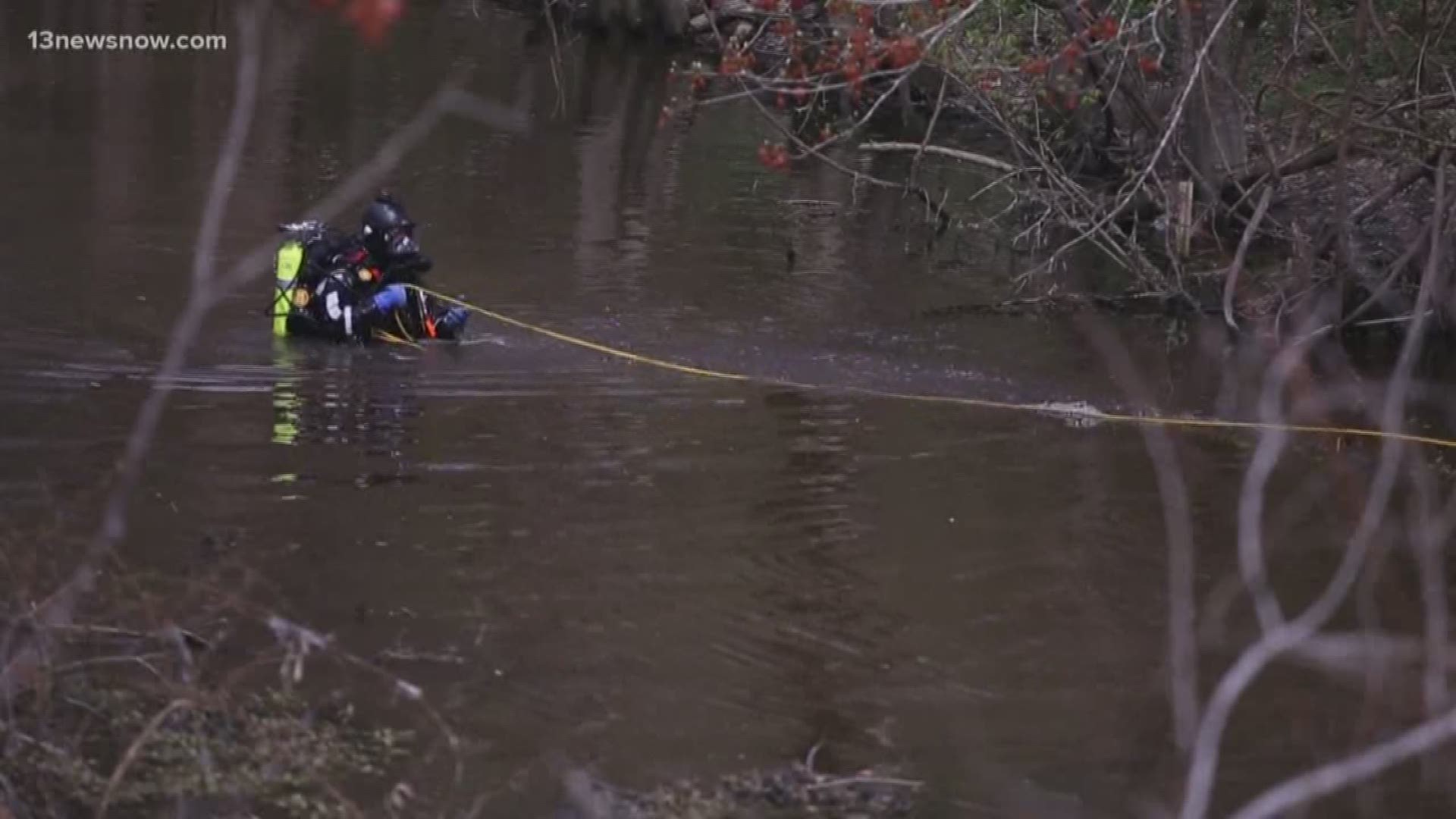 Divers were searching an area near Lake Drummond to continue searching for a woman who went missing in Chesapeake in 2017.