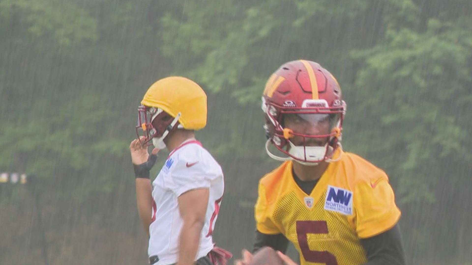 Heisman Trophy winner & Washington 1st round pick Jayden Daniels working through the team's first day of organized team activities on Tuesday.