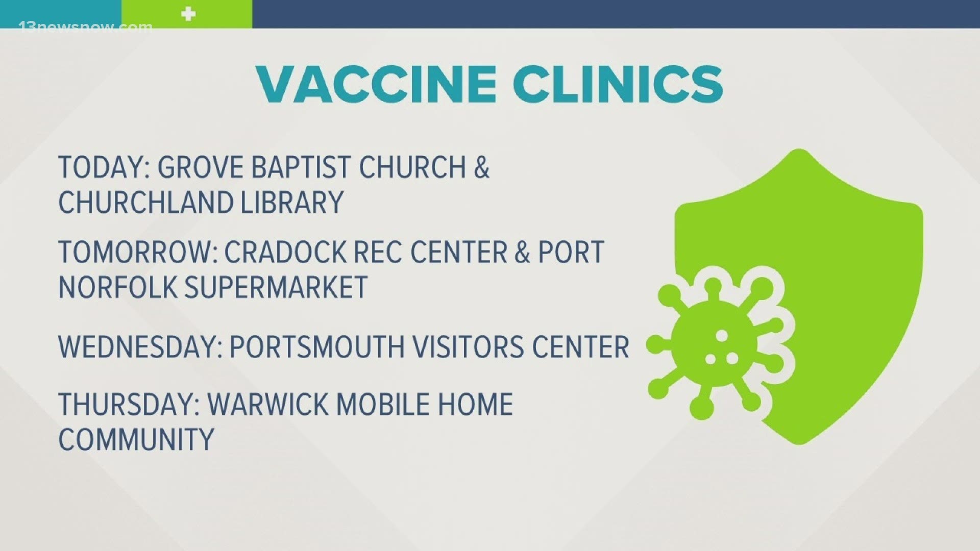 From June 7 through June 10, Virginians will be able to head to the locations in Portsmouth and Newport News to get the free, one-dose, Johnson & Johnson vaccine.