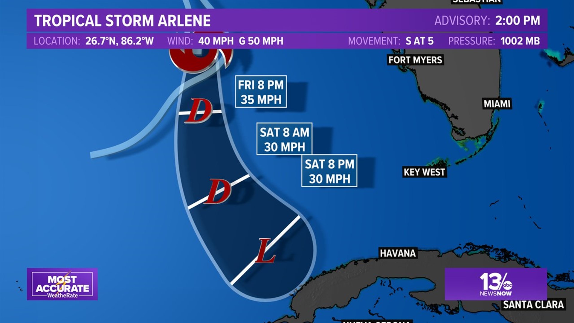 Tropical Storm Arlene drifting southeast toward Cuba