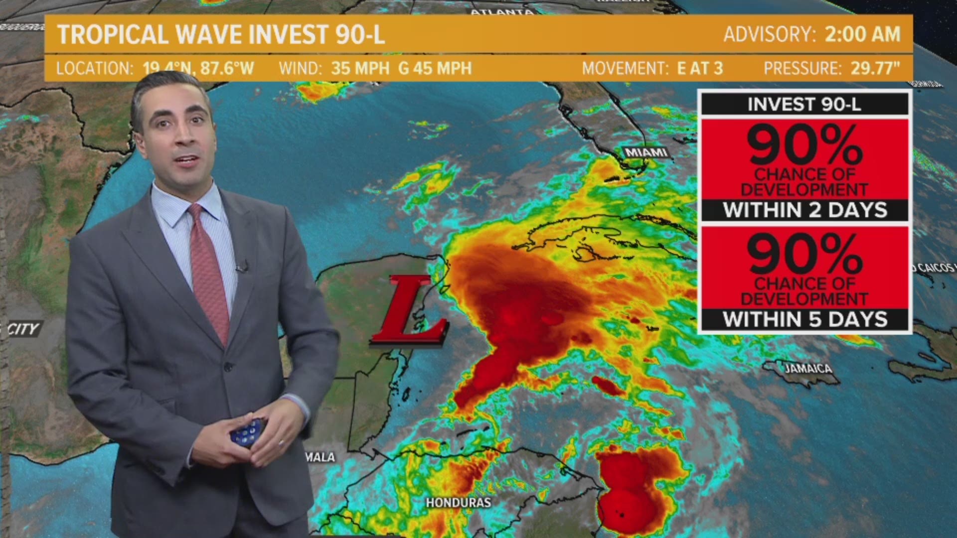 Invest 90-L has a high likelihood of becoming the first named tropical system of the 2018 Hurricane Season, technically before the season even begins.