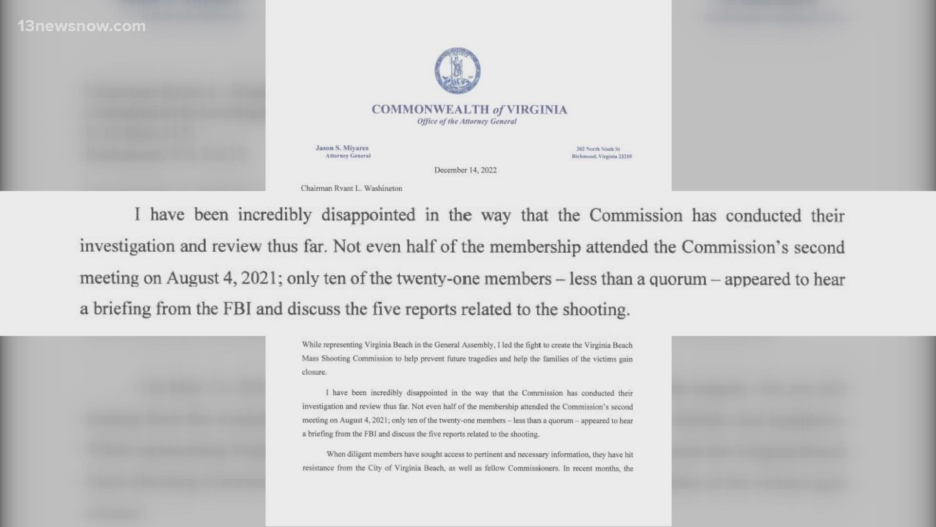 In a letter to the Virginia Beach Mass Shooting State Commission, Jason Miyares said he's concerned with their lack of members and progress.