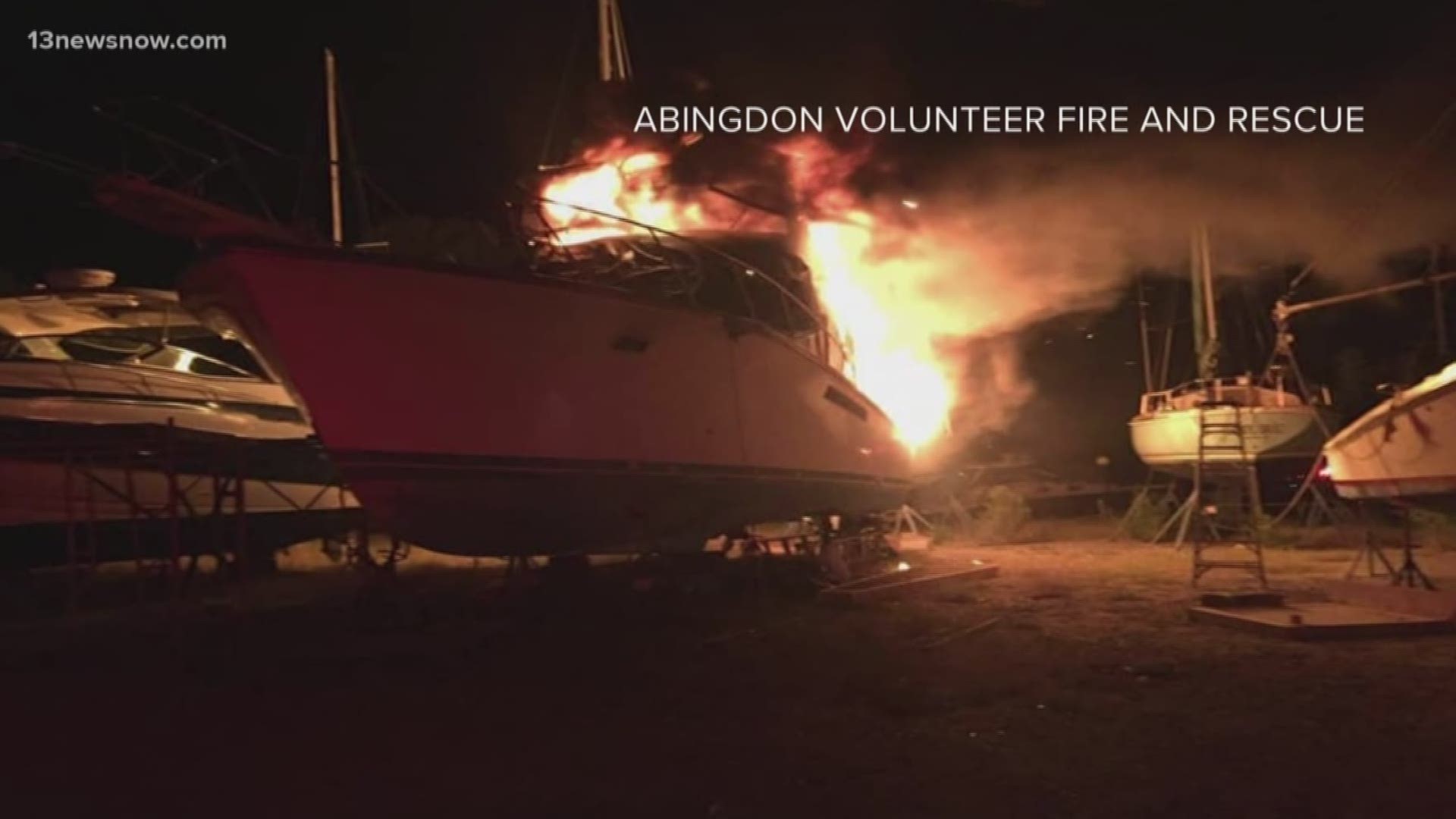 Abingdon Volunteer Fire and Rescue crews responded to the York River Yacht Haven for a boat fire. A 55-foot sport fisherman was burning in the boatyard.