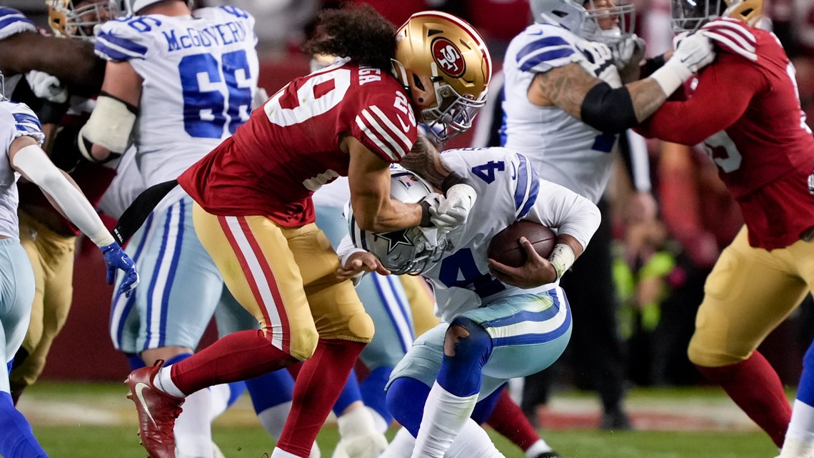 Dallas Cowboys linebacker Micah Parsons (11) before an NFL divisional round  playoff football game against the San Francisco 49ers in Santa Clara,  Calif., Sunday, Jan. 22, 2023. (AP Photo/Godofredo A. Vásquez Stock