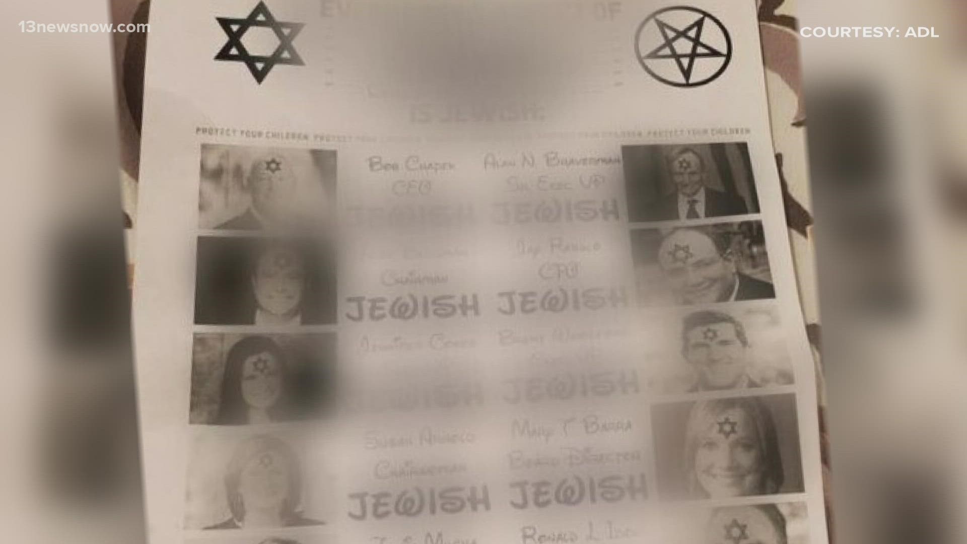 The Anti-Defamation League says the flyers came from a group called the Goyim Defense League, a loose network of people connected by their antisemitic beliefs.