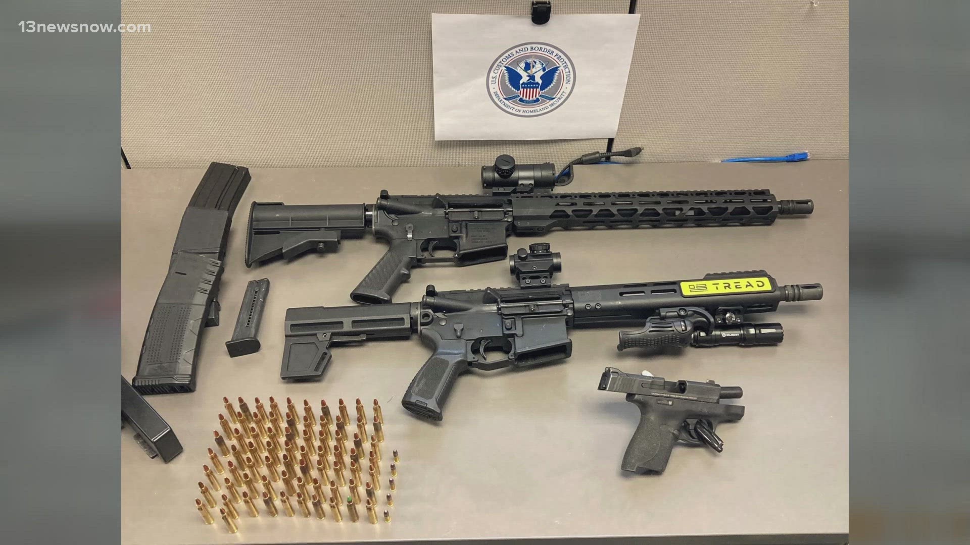 Three guns and over 200 rounds of ammunition were seized by US Customs and Border Protection in Norfolk earlier this month.