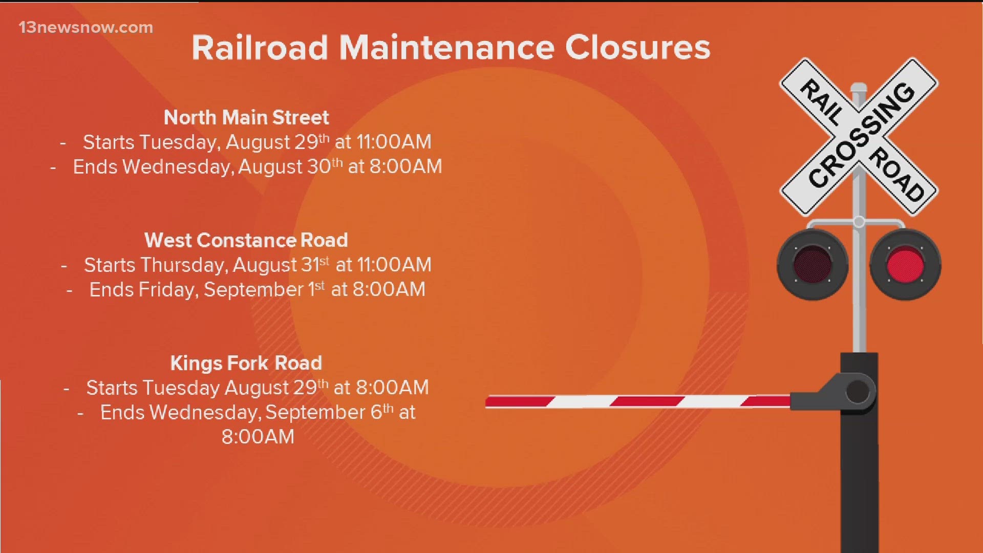 Several railroad crossings will be closed starting Tuesday at 11:00 a.m.