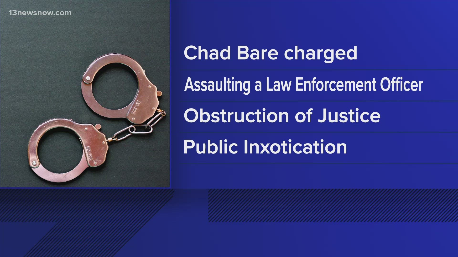 Virginia State Police confirm Chad Bare of Fredericksburg was arrested in Virginia Beach. He is currently suspended without pay.