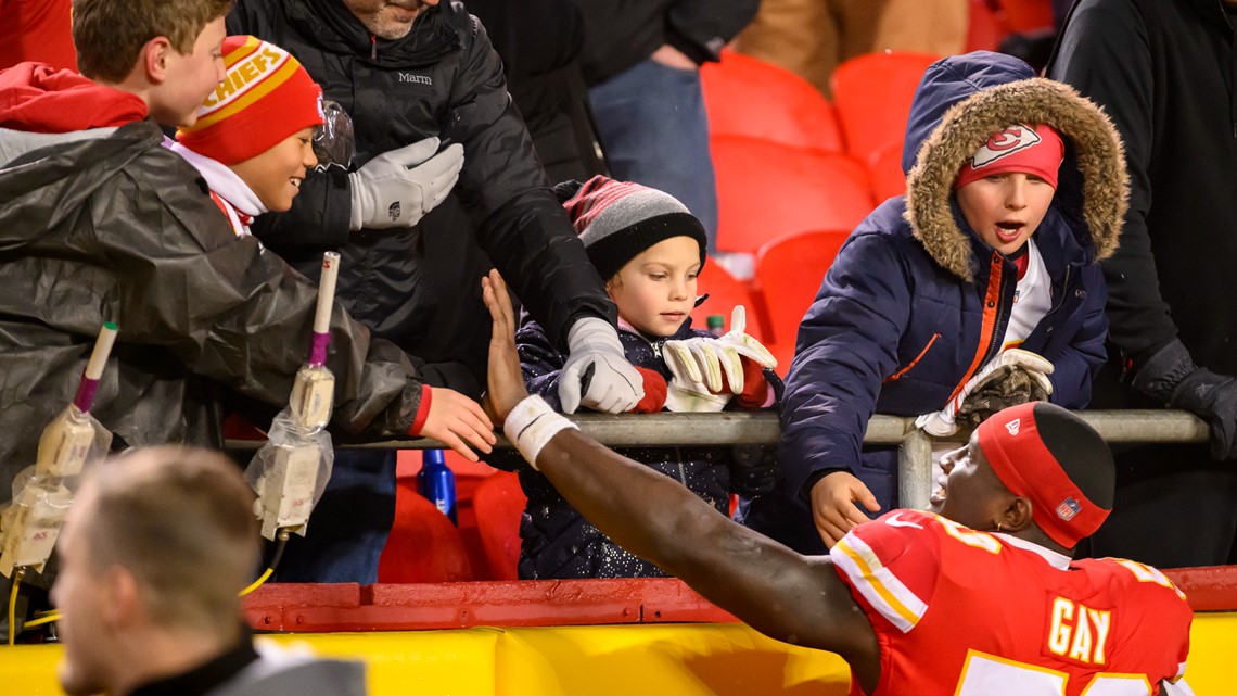 Kansas City Chiefs linebacker Willie Gay celebrates with fans after win  against the Jacksonville Jaguars during an NFL Divisional Playoff football  game Saturday, Jan. 21, 2023, in Kansas City, Mo. (AP Photo/Ed