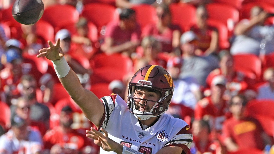 Kansas City Chiefs quarterback Shane Buechele (6) runs with the ball during  an NFL pre-season football game against the Washington Commanders Saturday,  Aug. 20, 2022, in Kansas City, Mo. (AP Photo/Peter Aiken