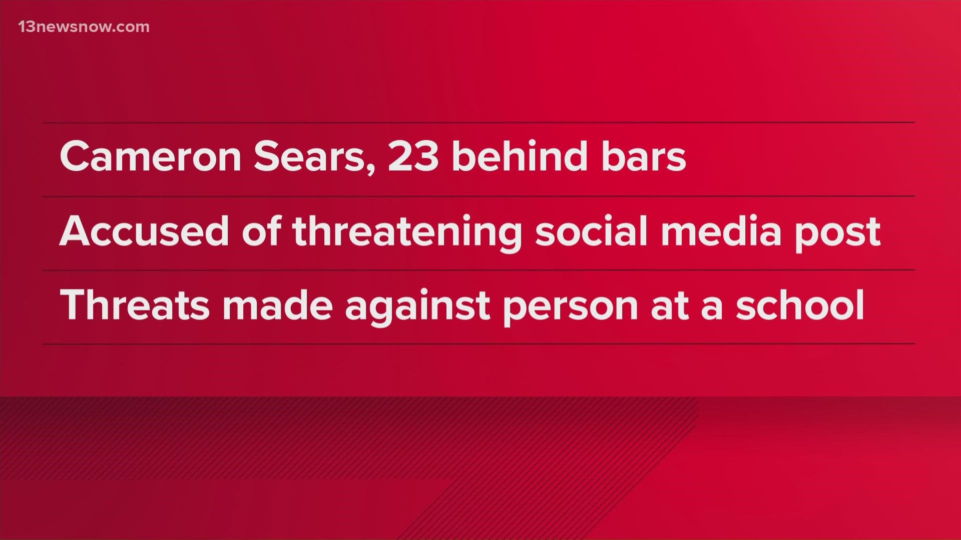 Police arrested Cameron Sears, 23, after an investigation into social media posts threatening violence against a school.