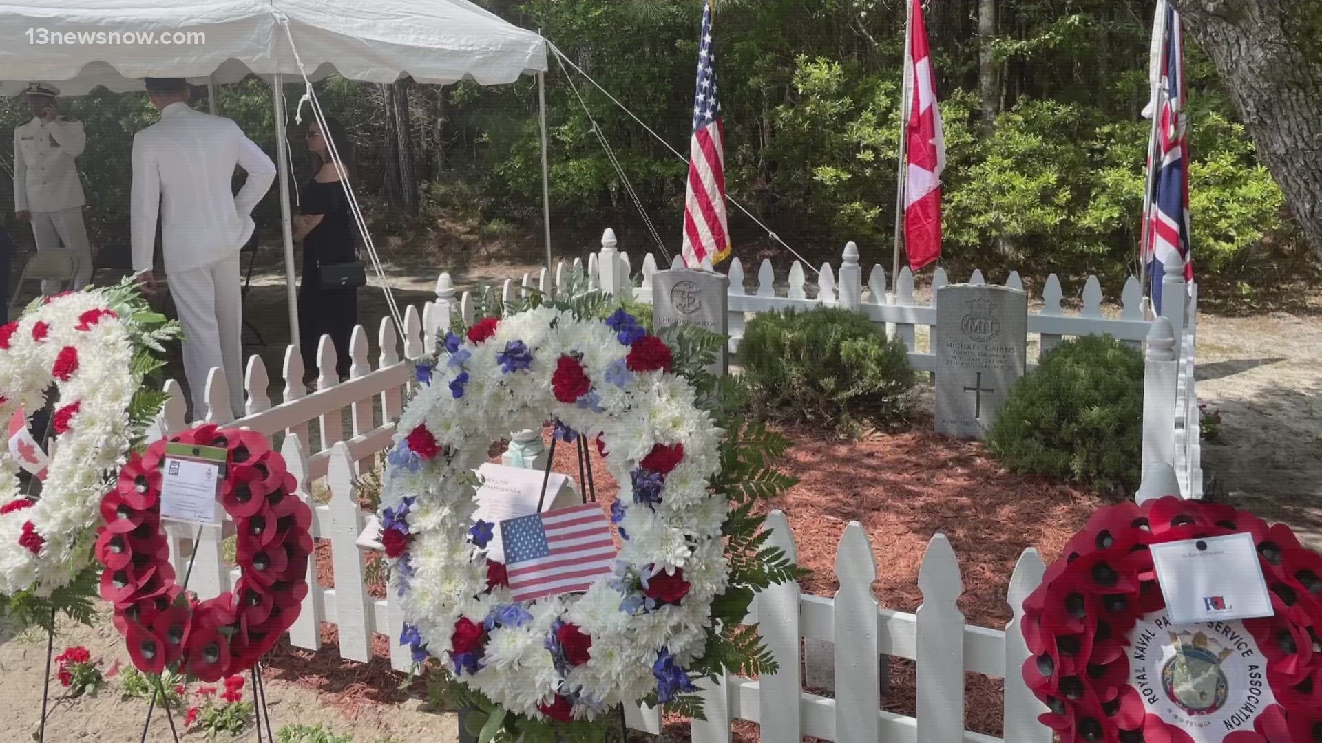 Service people joined neighbors on Hatteras island to honor sailors who died in WWII. 81 years ago sailors were buried there, it's now an annual tradition.