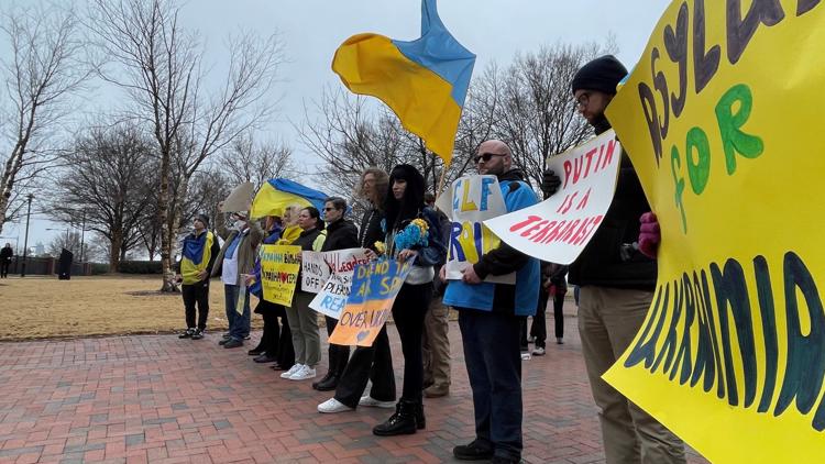 Ukrainian demonstrators meet in Downtown Norfolk to protest Russian invasion of home country
