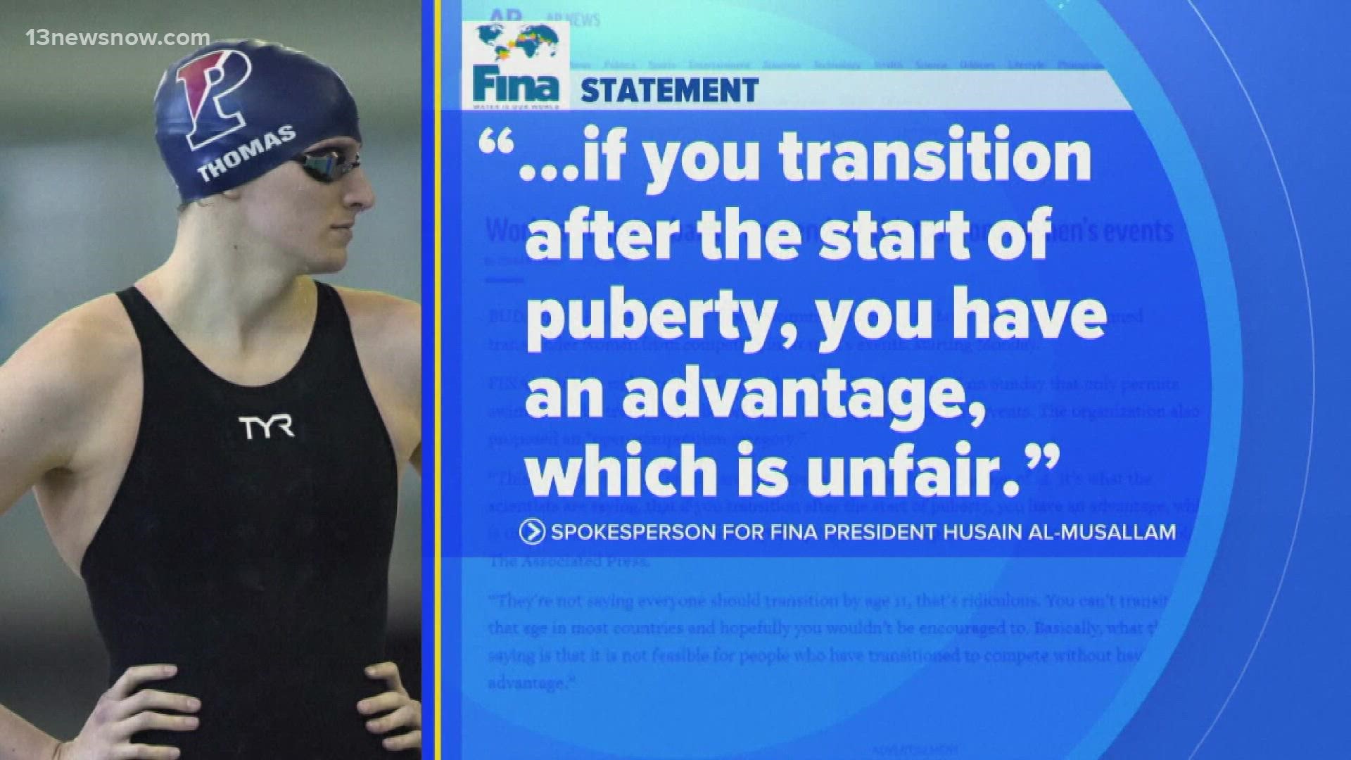 A new policy announced this morning effectively bans transgender women from competing in women's swimming events.