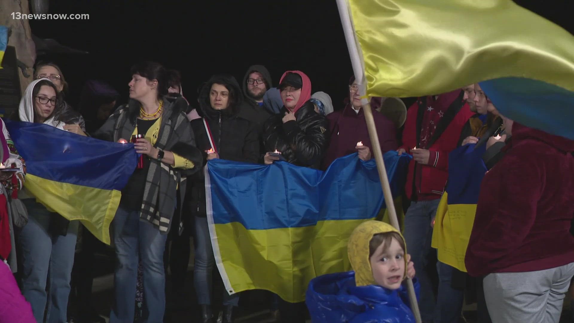 The Tidewater Ukrainian Cultural Association gathered about 30 people at the Virginia Beach Oceanfront for a candlelight vigil to mark the day.