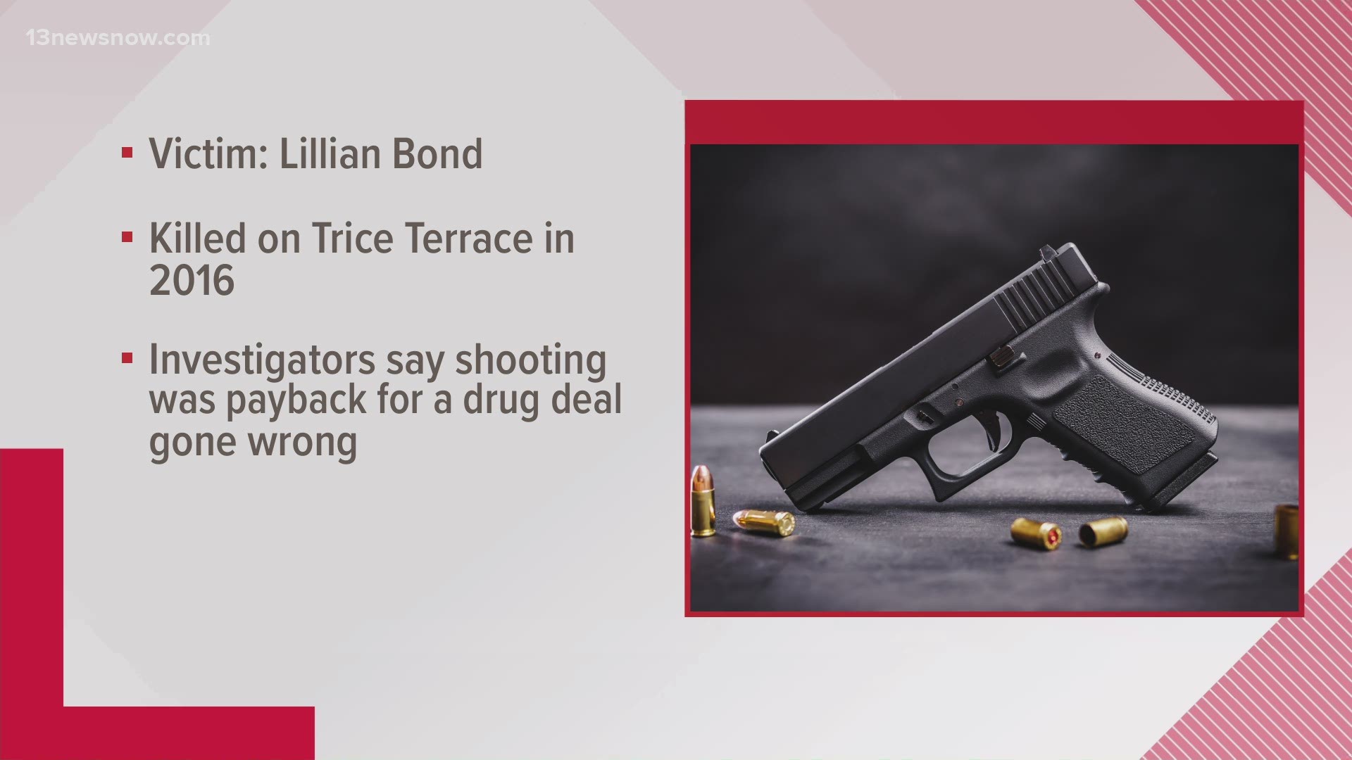 Lillian Bond was shot in the middle of the day on Trice Terrace in 2016. Investigators said her murder might be tied to a drug deal gone wrong.