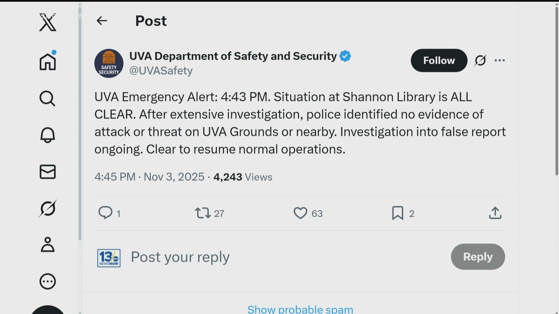 All clear issued after report of attacker with gun at UVA 13newsnow com