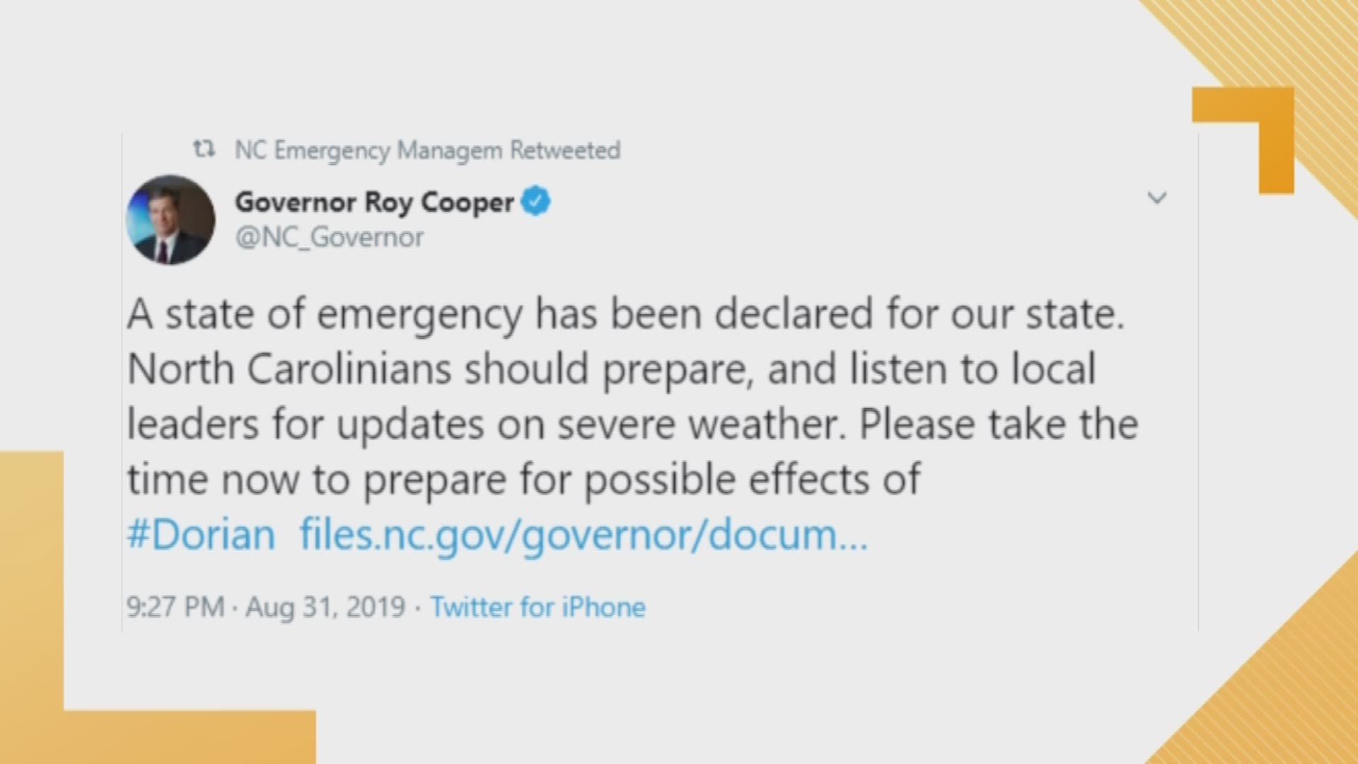 North Carolina Governor Roy Cooper declares a state of emergency ahead of Hurricane Dorian.