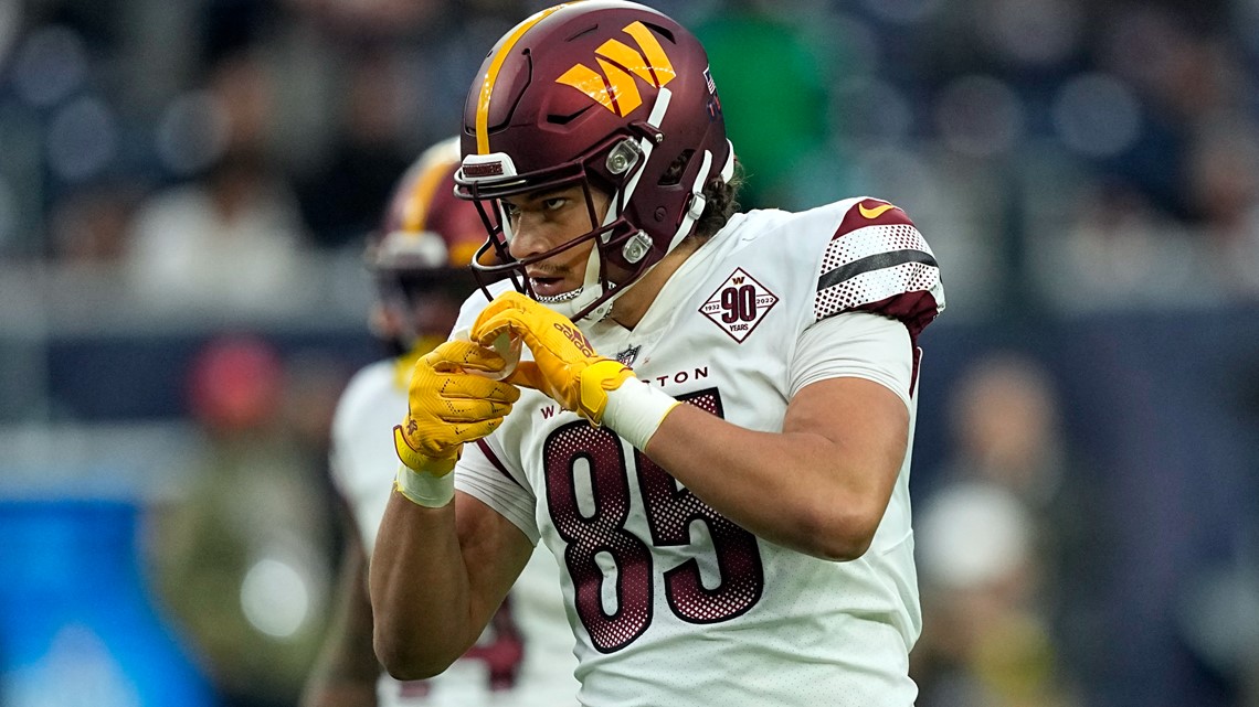 Washington Commanders tight end Cole Turner (85) lines up against the  Houston Texans during the second half of an NFL football game Sunday, Nov.  20, 2022, in Houston. The Commanders won 23-10. (